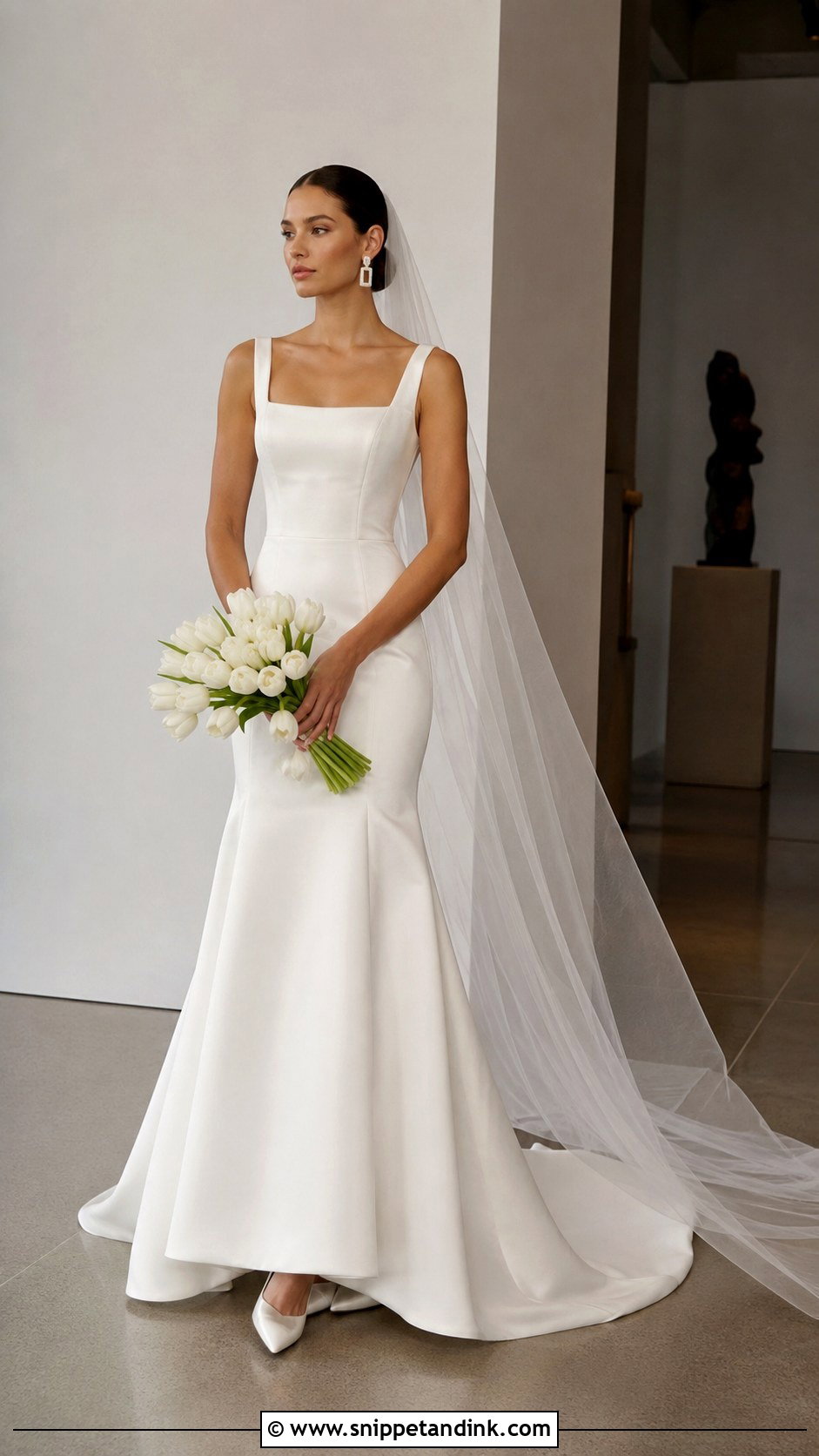 Square Neck Fit And Flare Wedding Dress With Minimal Accessories - Snippet and Ink - 20 Flare Wedding Dress Ideas