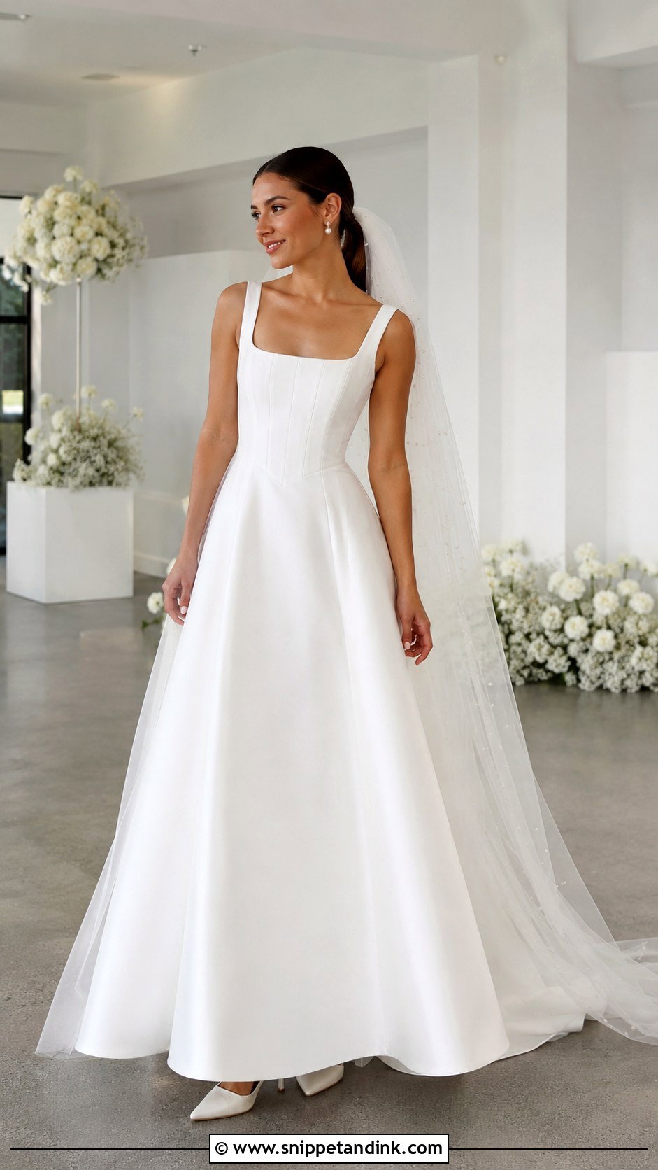 Square Neck Flared Wedding Dress With Pearl Veil - Snippet and Ink - 20 Flared Wedding Dress Ideas