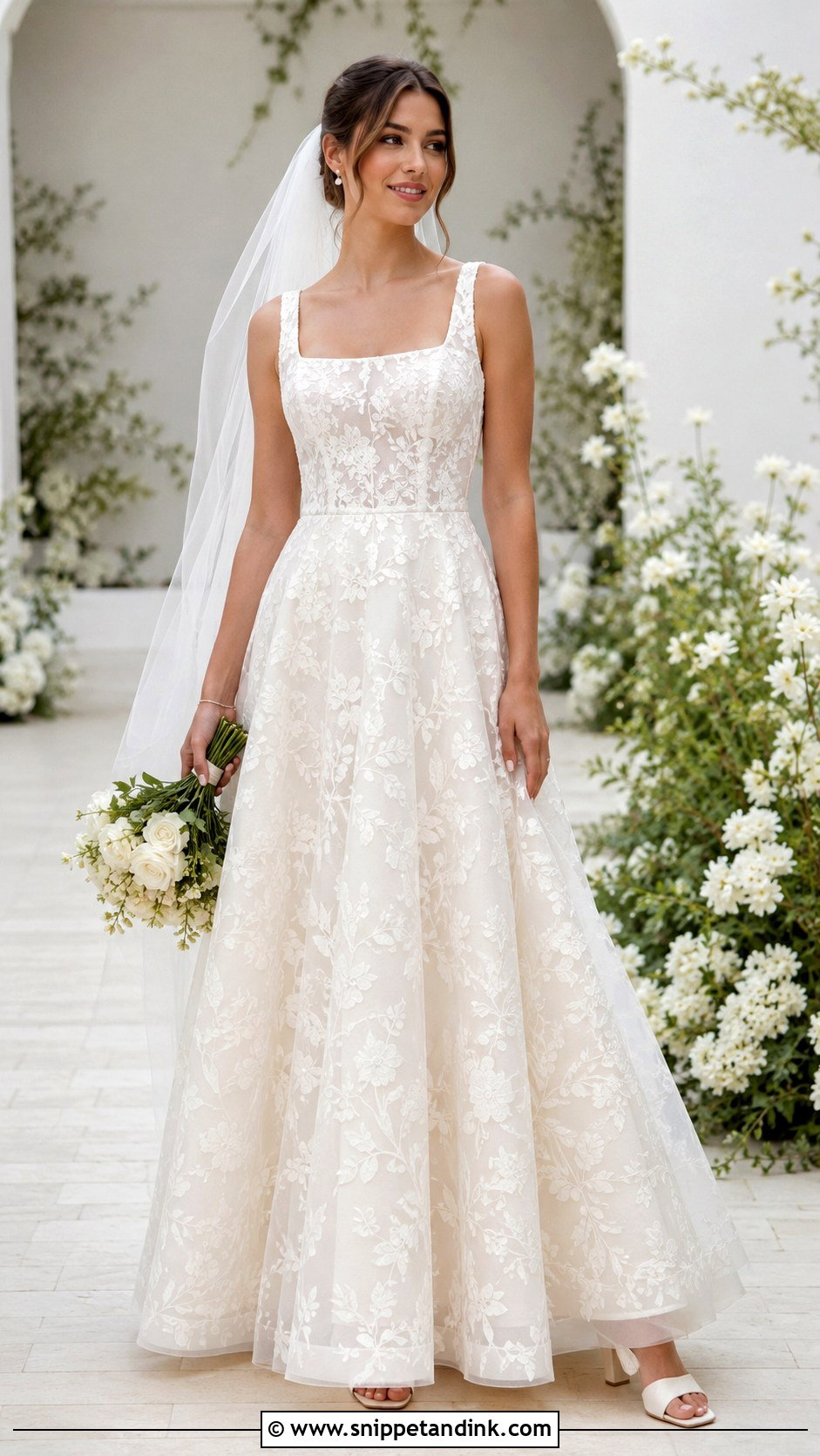 Square Neck Floral A Line Wedding Dress - Snippet and Ink - 20 Floral Flower Wedding Dress Gown Ideas