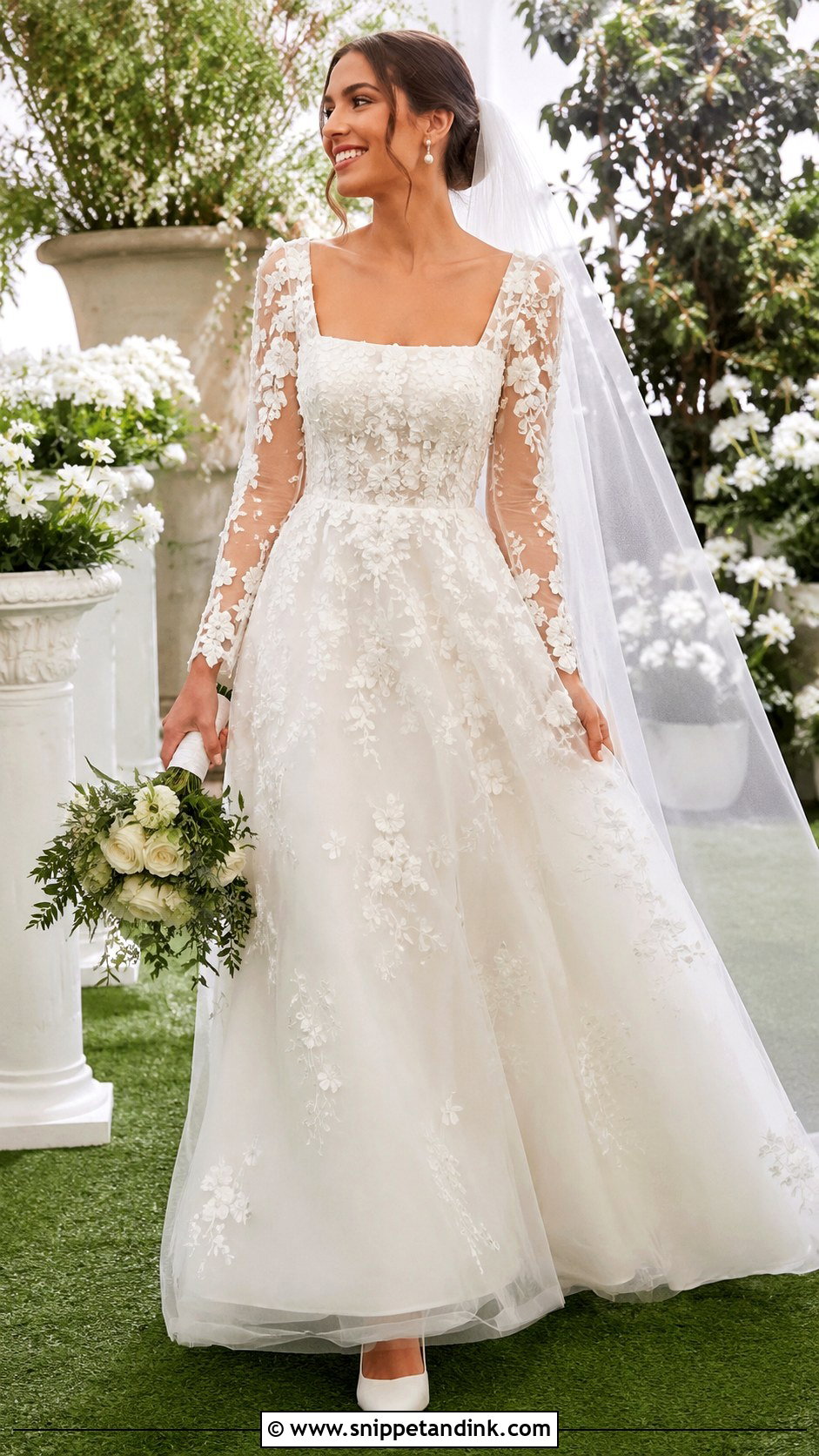 Square Neck Floral Applique Wedding Dress With Sleeves - Snippet and Ink - 25 Square Neck Wedding Dress with Sleeves