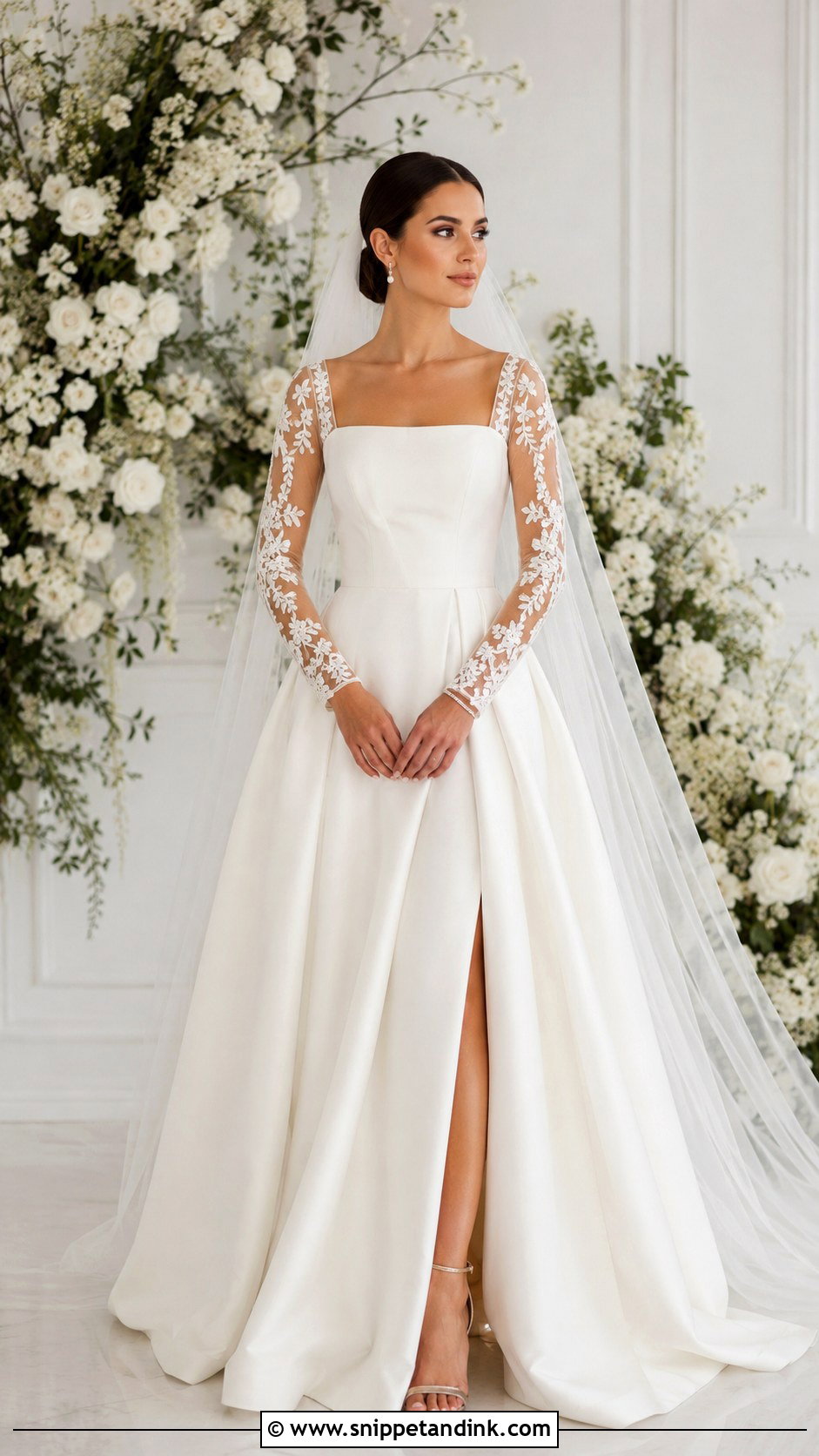 Square Neck Illusion Sleeve Wedding Dress - Snippet and Ink - 25 Square Neck Wedding Dress with Sleeves