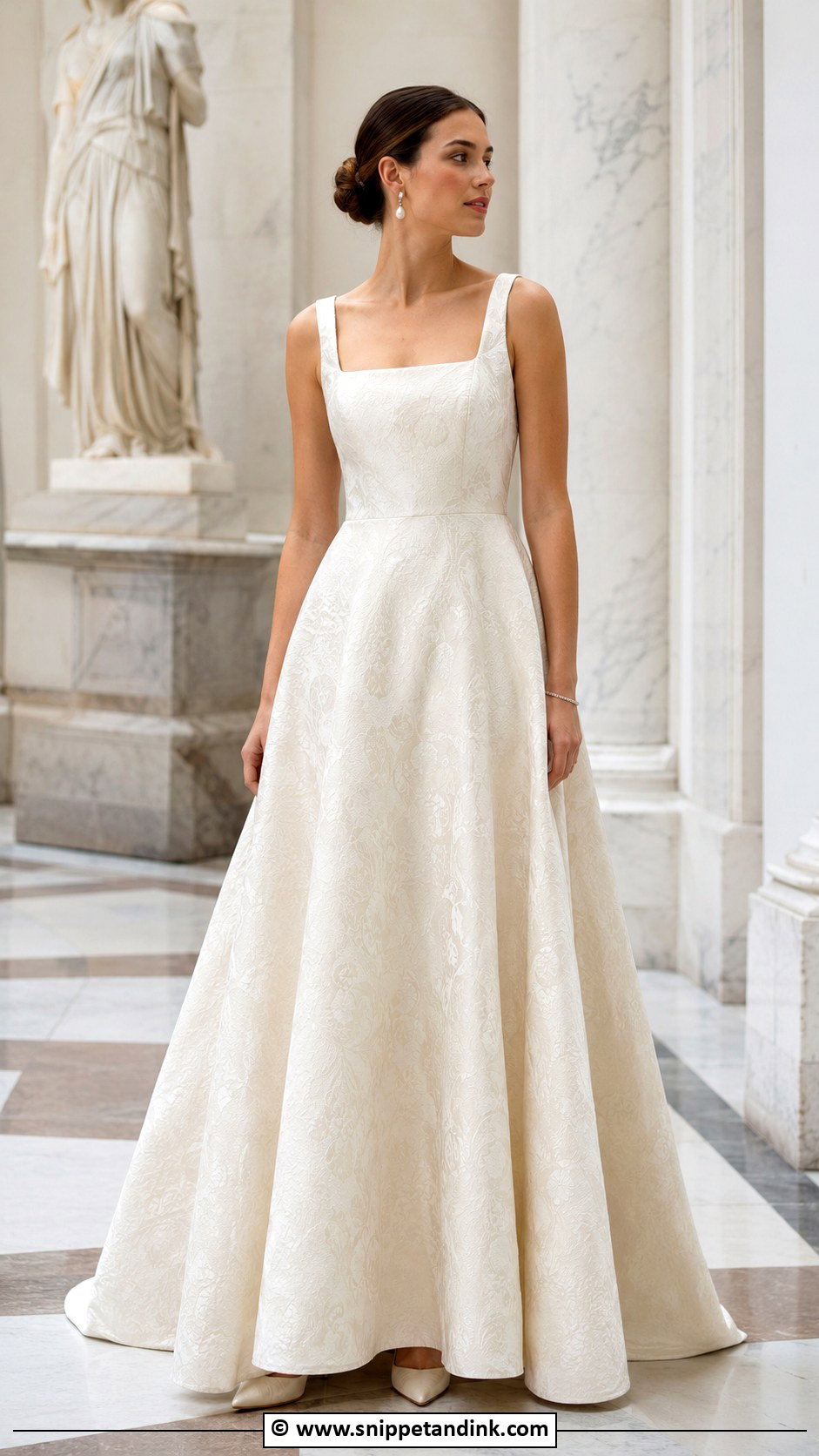 Square Neck Jacquard Wedding Dress With Low Bun - Snippet and Ink - 25 Jacquard Wedding Dress Ideas
