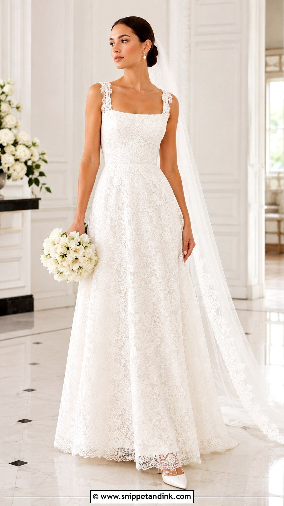 Square Neck Lace A Line Wedding Dress - Snippet and Ink - 20 Lace Aline Wedding Dress Ideas