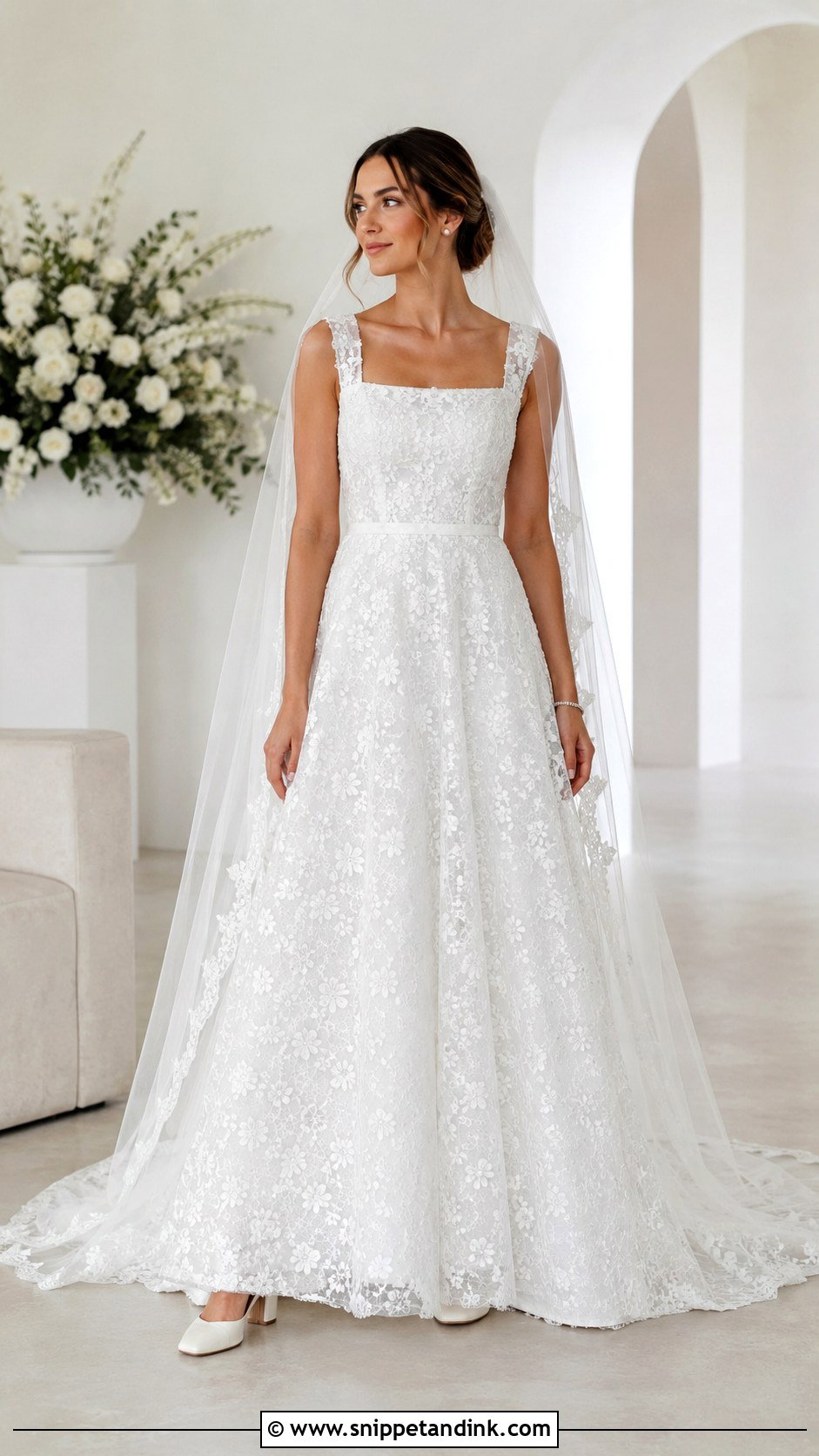 Square Neck Lace A Line Wedding Dress - Snippet and Ink - 20 Lace Bride Dress Ideas