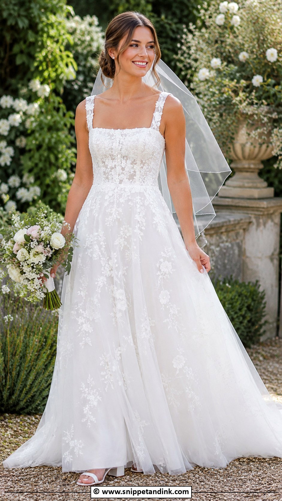 Square Neck Lace A Line Wedding Dress - Snippet and Ink - 35 Square Neck Wedding Dress Ideas