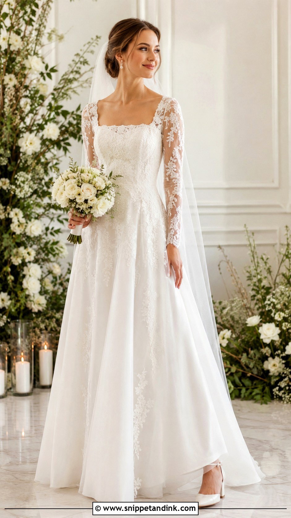 Square Neck Lace Sleeve Wedding Dress - Snippet and Ink - 25 Square Neck Wedding Dress with Sleeves