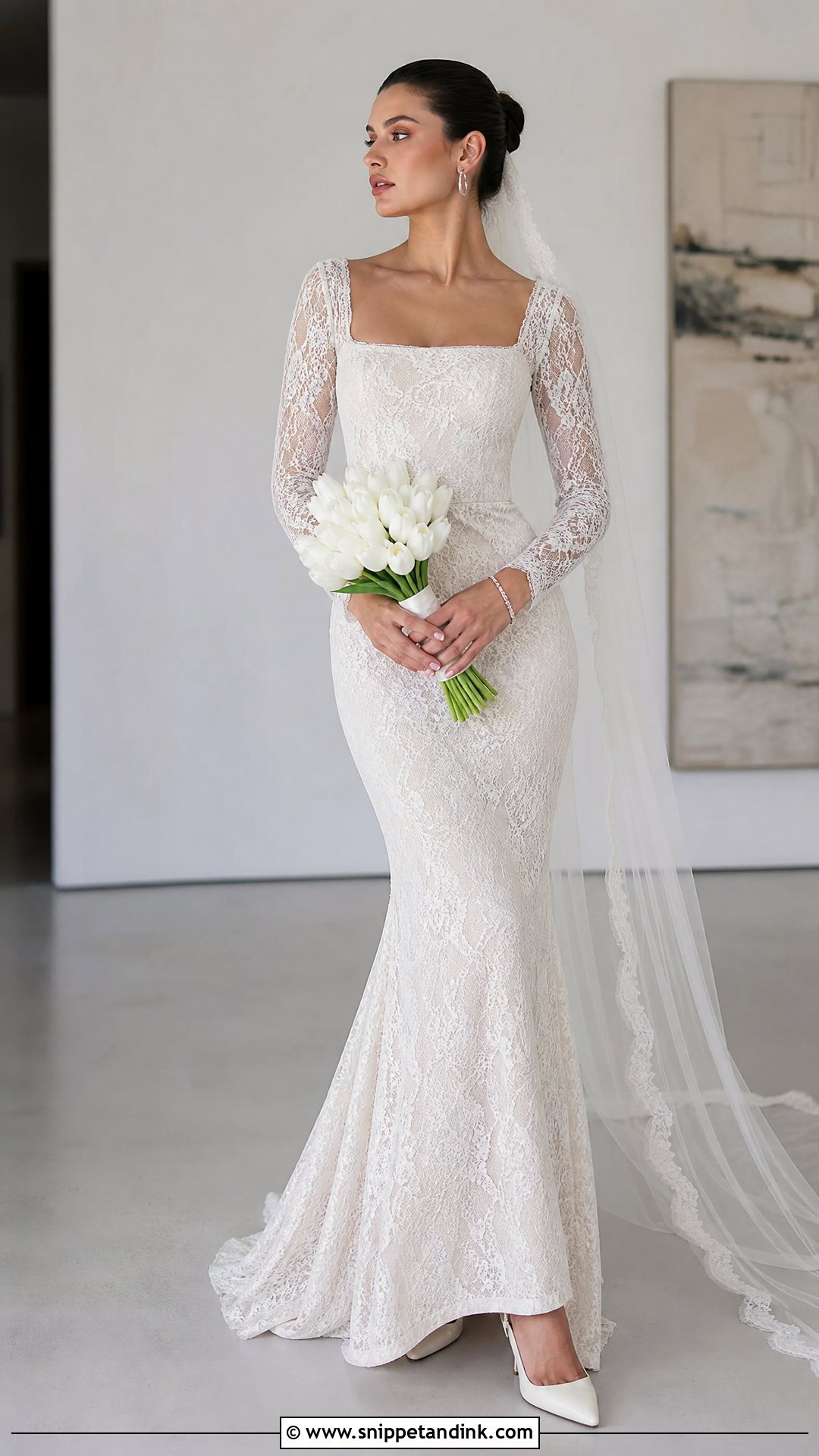 Square Neck Lace Wedding Dress - Snippet and Ink - 20 Hailey Beiber Wedding Dress Ideas