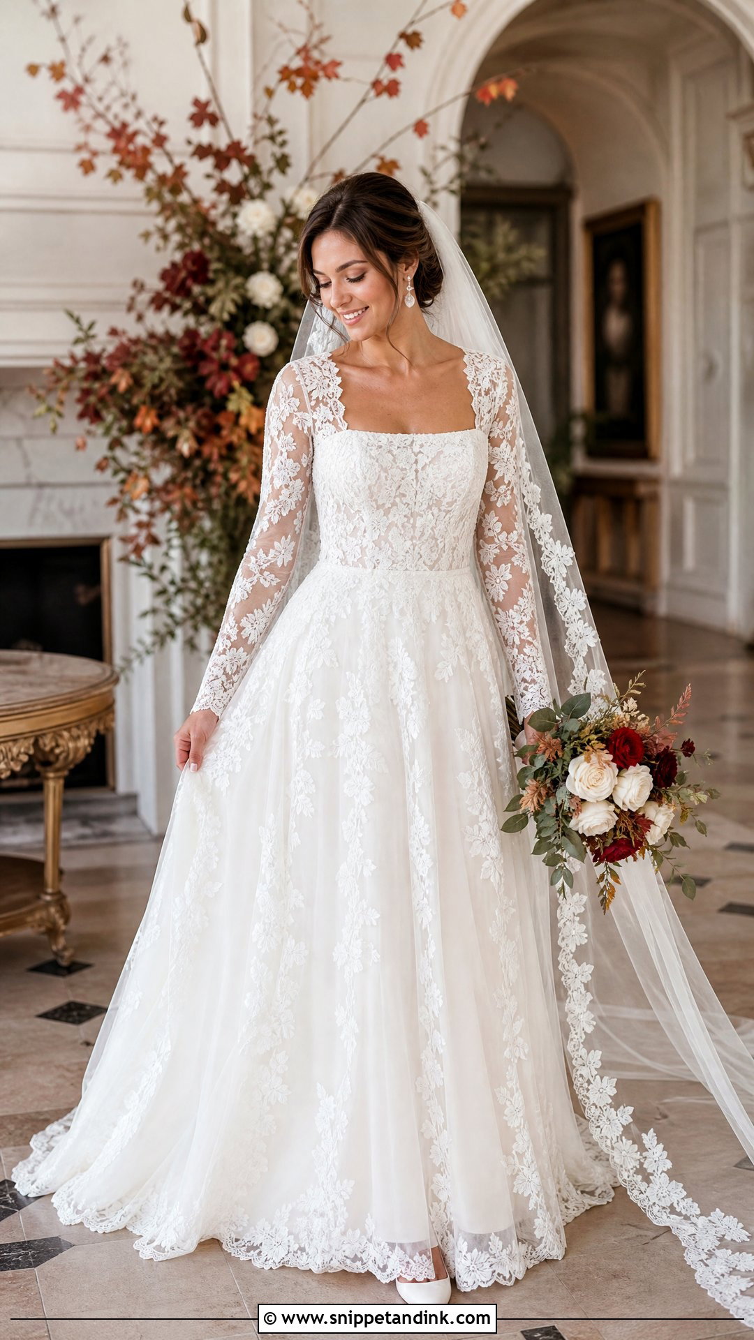 Square Neck Lace Wedding Dress With Long Sleeves - Snippet and Ink - 20 Square Wedding Dress Ideas