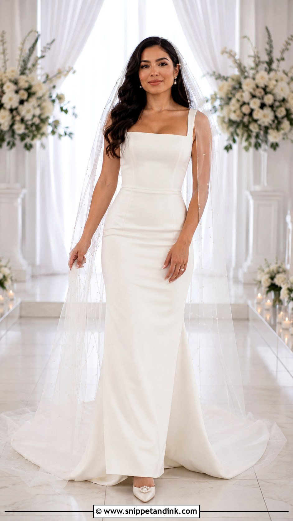 Square Neck Latina Wedding Dress With Pearl Veil - Snippet and Ink - 25 Latina Wedding Dress Ideas