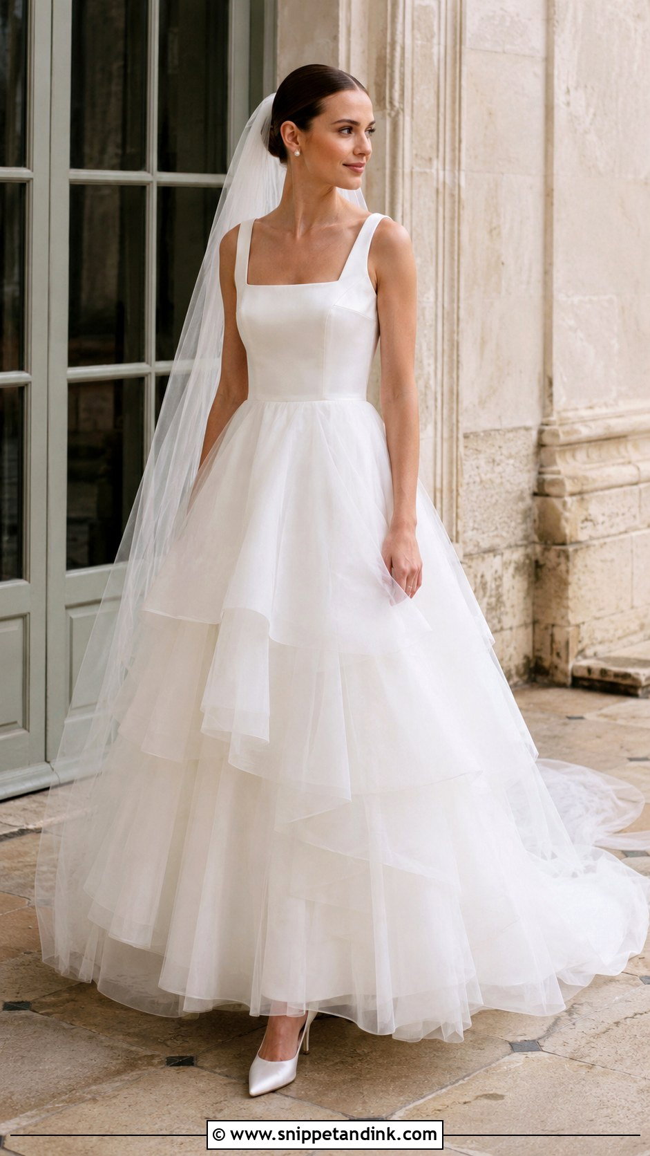 Square Neck Layered Skirt Wedding Dress - Snippet and Ink - 20 Layered Skirt Wedding Dress Ideas