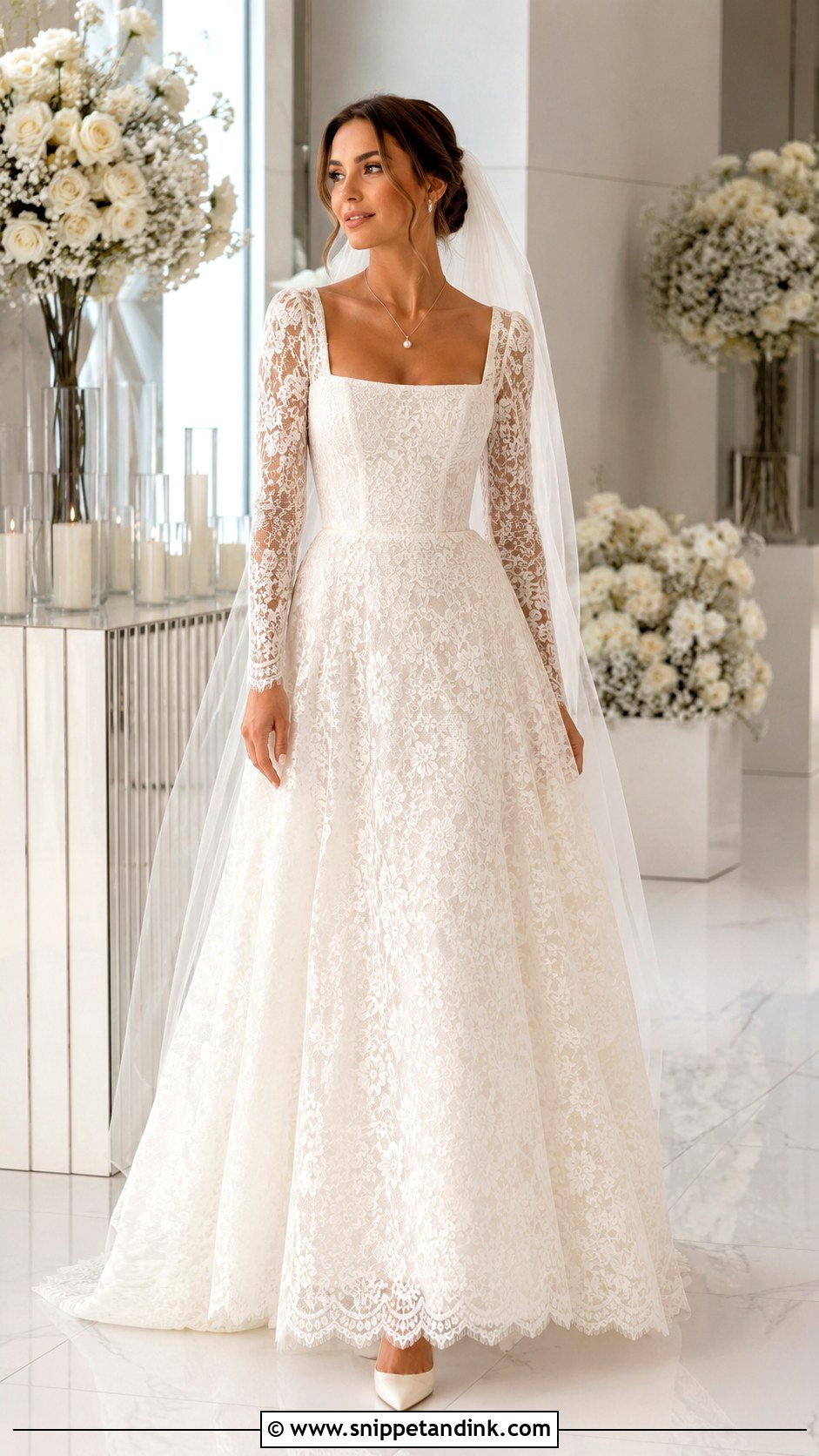 Square Neck Long Sleeve Lace Wedding Dress - Snippet and Ink - 20 Long Sleeve Lace Wedding Dresses