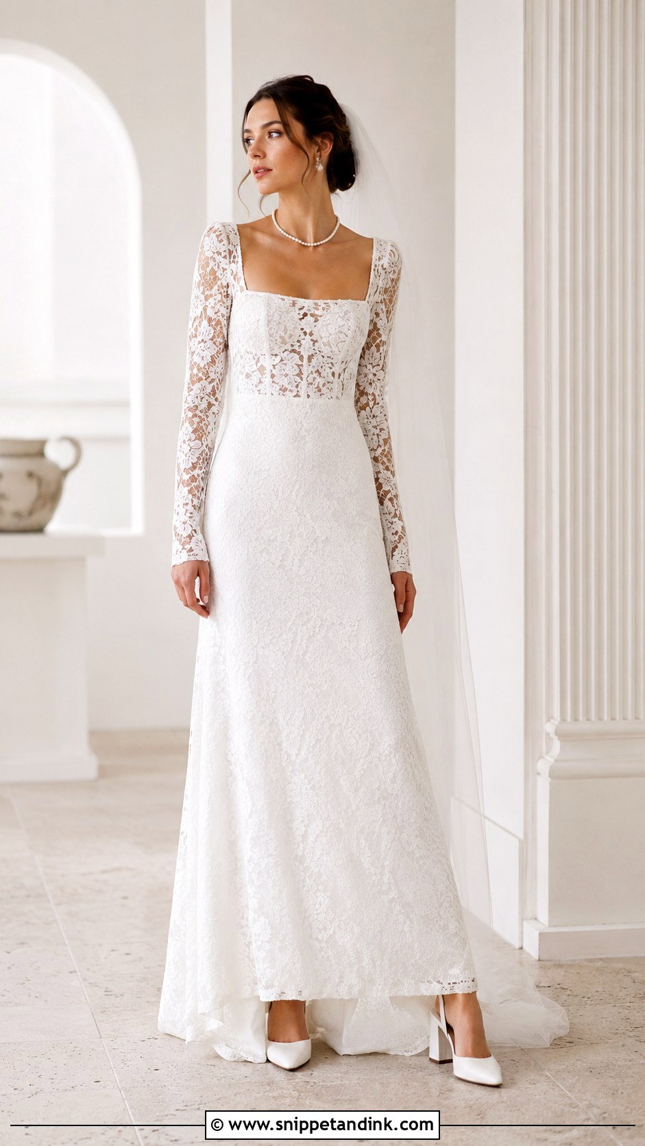 Square Neck Long Sleeve Lace Wedding Dress - Snippet and Ink - 20 Long Sleeved Lace Wedding Dress Ideas