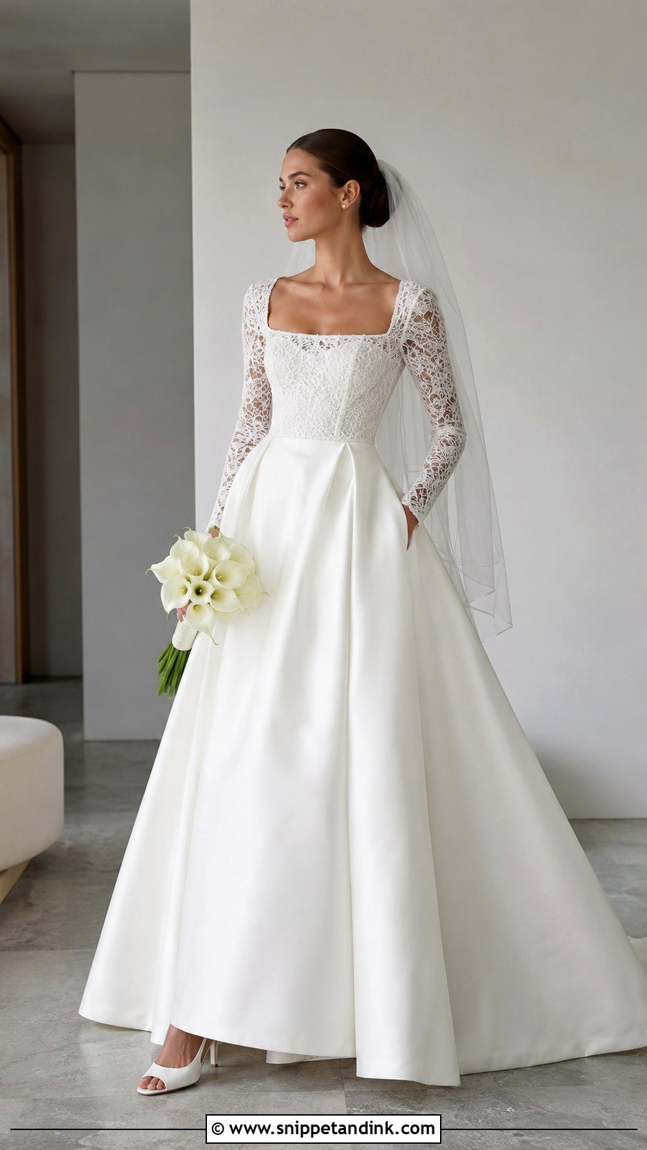 Square Neck Long Sleeve Lace Wedding Dress Ballgown - Snippet and Ink - 20 Long Sleeve Lace Wedding Dress Ballgown Ideas
