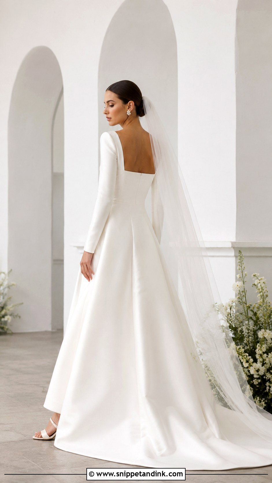 Square Neck Long Sleeve Satin Bridal Dress - Snippet and Ink - 20 Long Sleeve Bridal Dresses