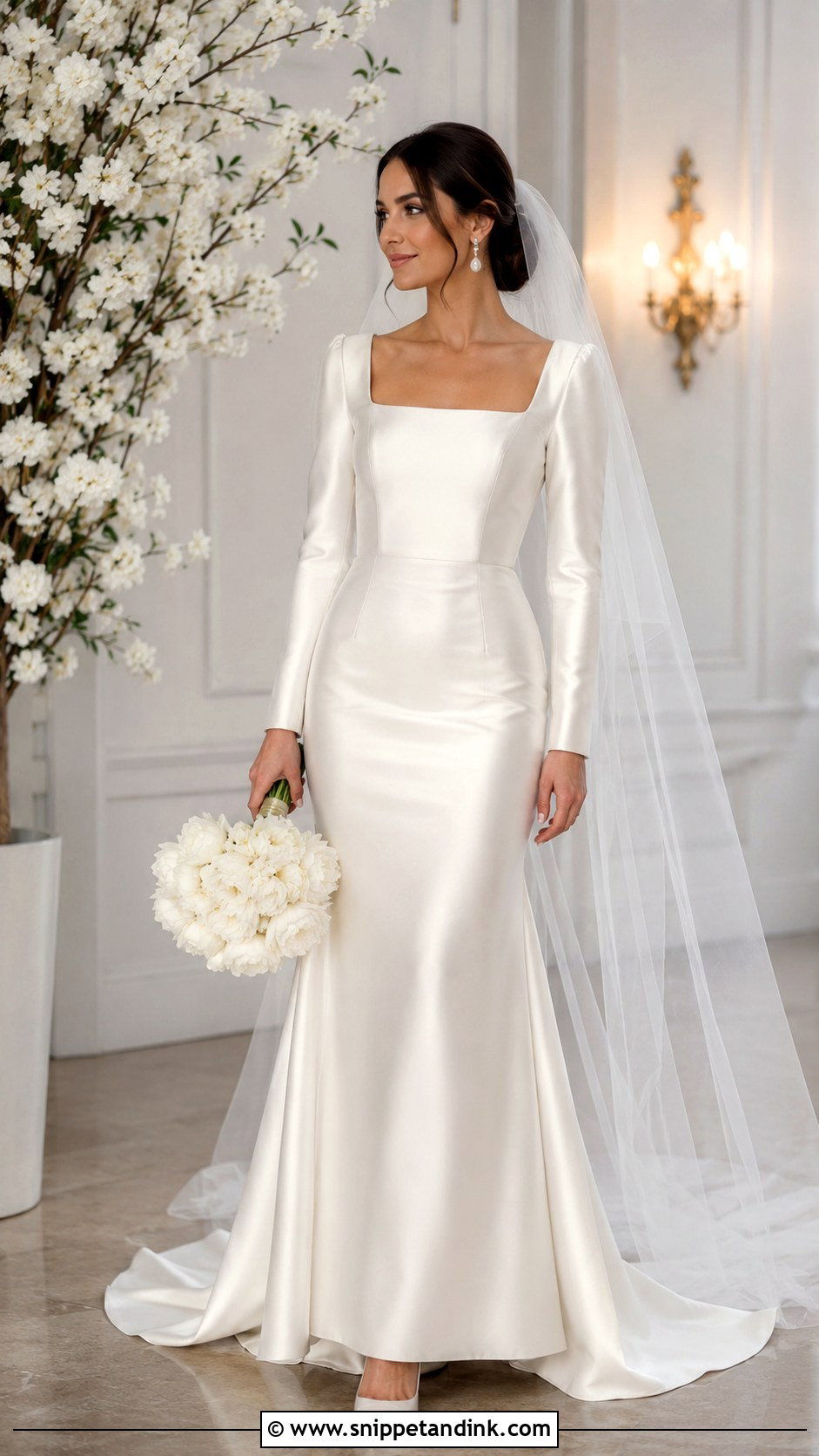 Square Neck Long Sleeve Satin Wedding Dress - Snippet and Ink - 25 Square Neck Wedding Dress with Sleeves