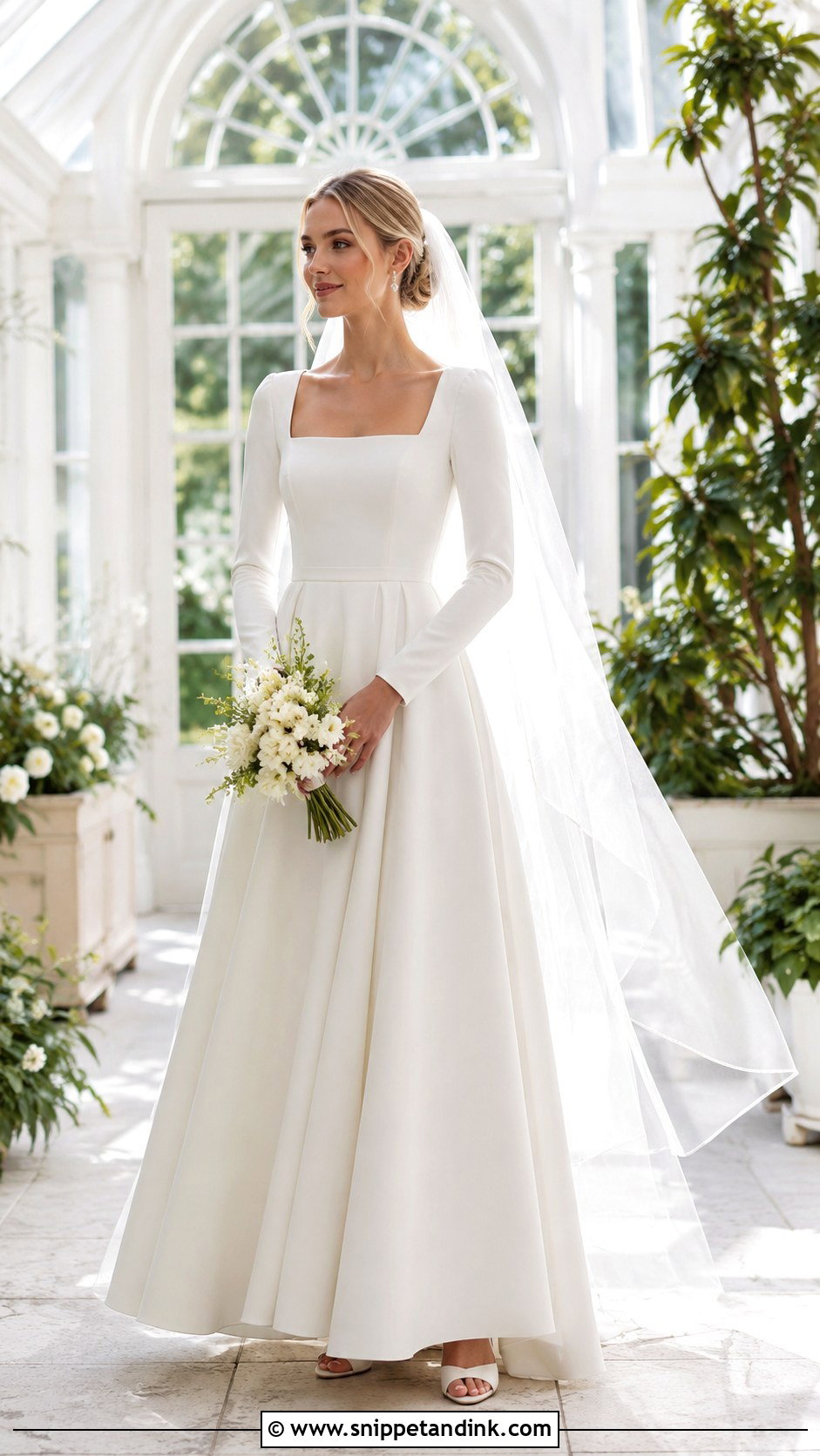 Square Neck Long Sleeve Wedding Dress - Snippet and Ink - 20 Full Coverage Wedding Dress Ideas