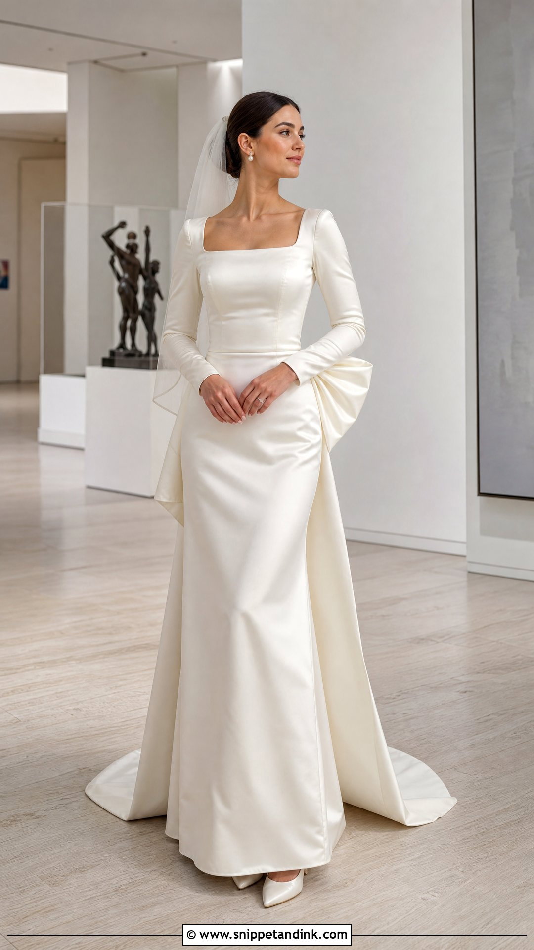 Square Neck Long Sleeve Wedding Dress With a Bow - Snippet and Ink - 20 Square Neck Long Sleeve Wedding Dress Ideas