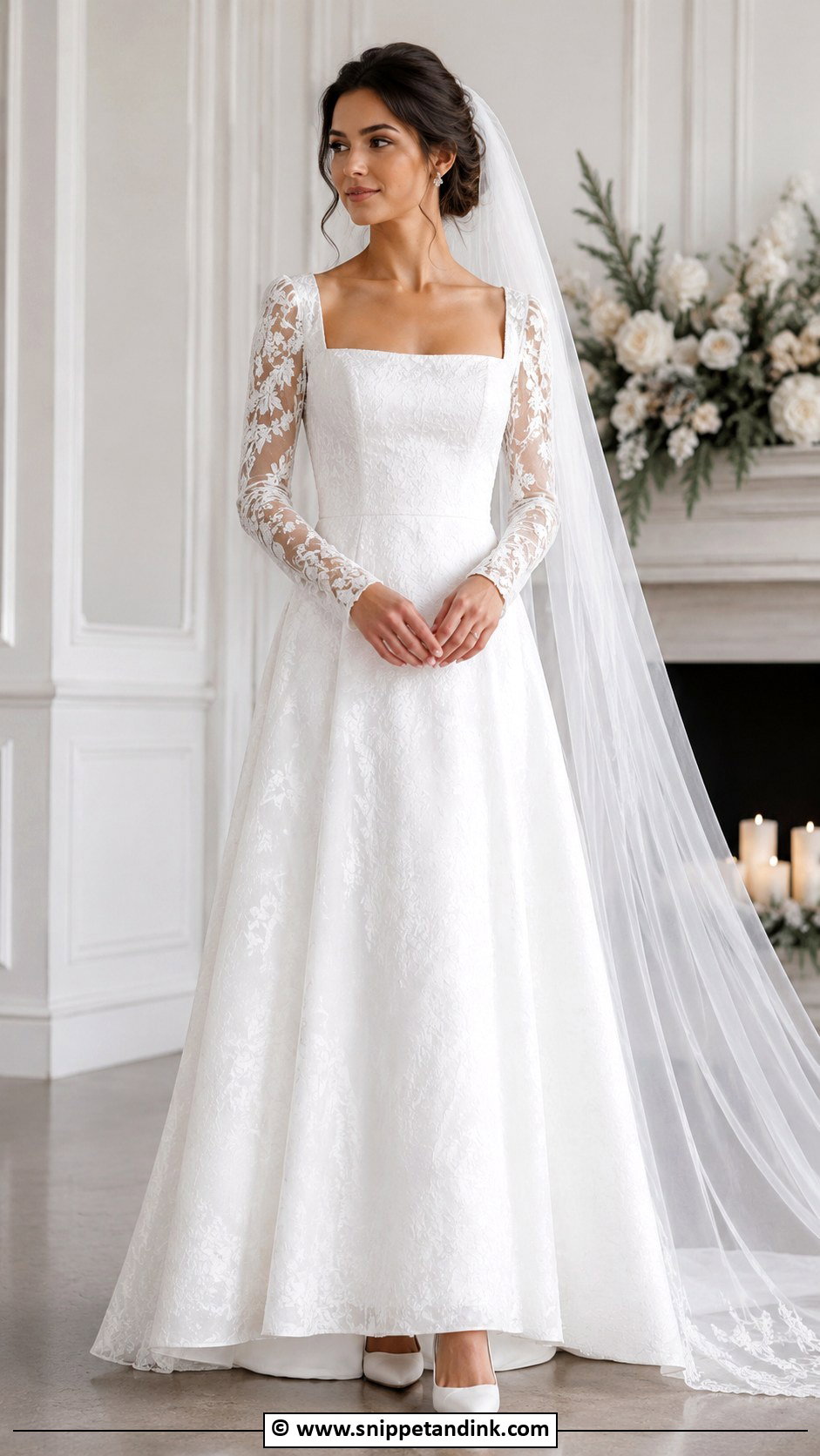 Square Neck Long Sleeve Wedding Dress - Snippet and Ink - 35 Square Neck Wedding Dress Ideas