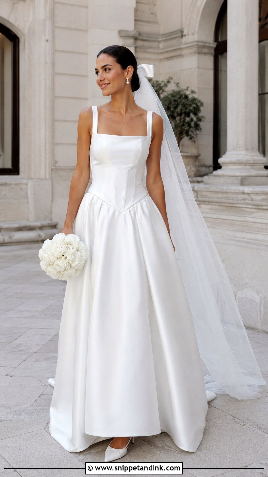 Square Neck Low Waist Wedding Dress With Bow Veil - Snippet and Ink - 20 Low Waist Wedding Dresses