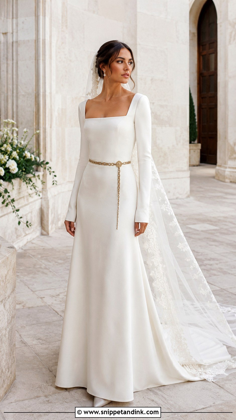 Square Neck Medieval Wedding Dress With Long Sleeves - Snippet and Ink - 20 Medieval Style Wedding Dress Ideas