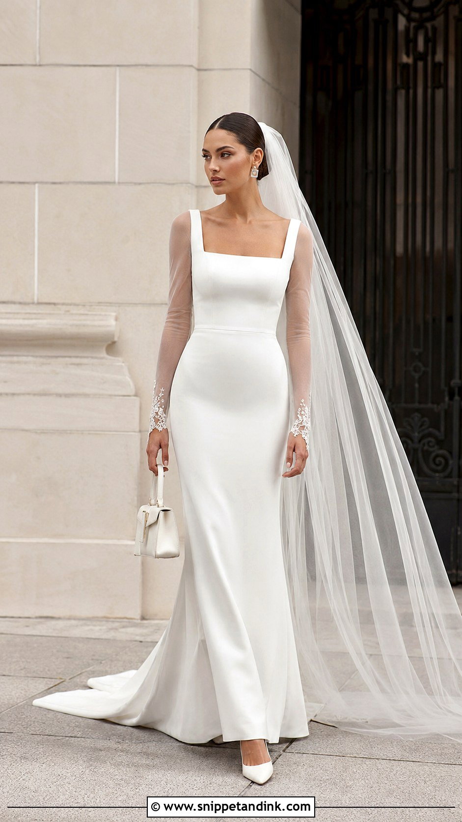Square Neck Mesh Sleeve Column Wedding Dress - Snippet and Ink - 20 Mesh Sleeve Wedding Dress Ideas