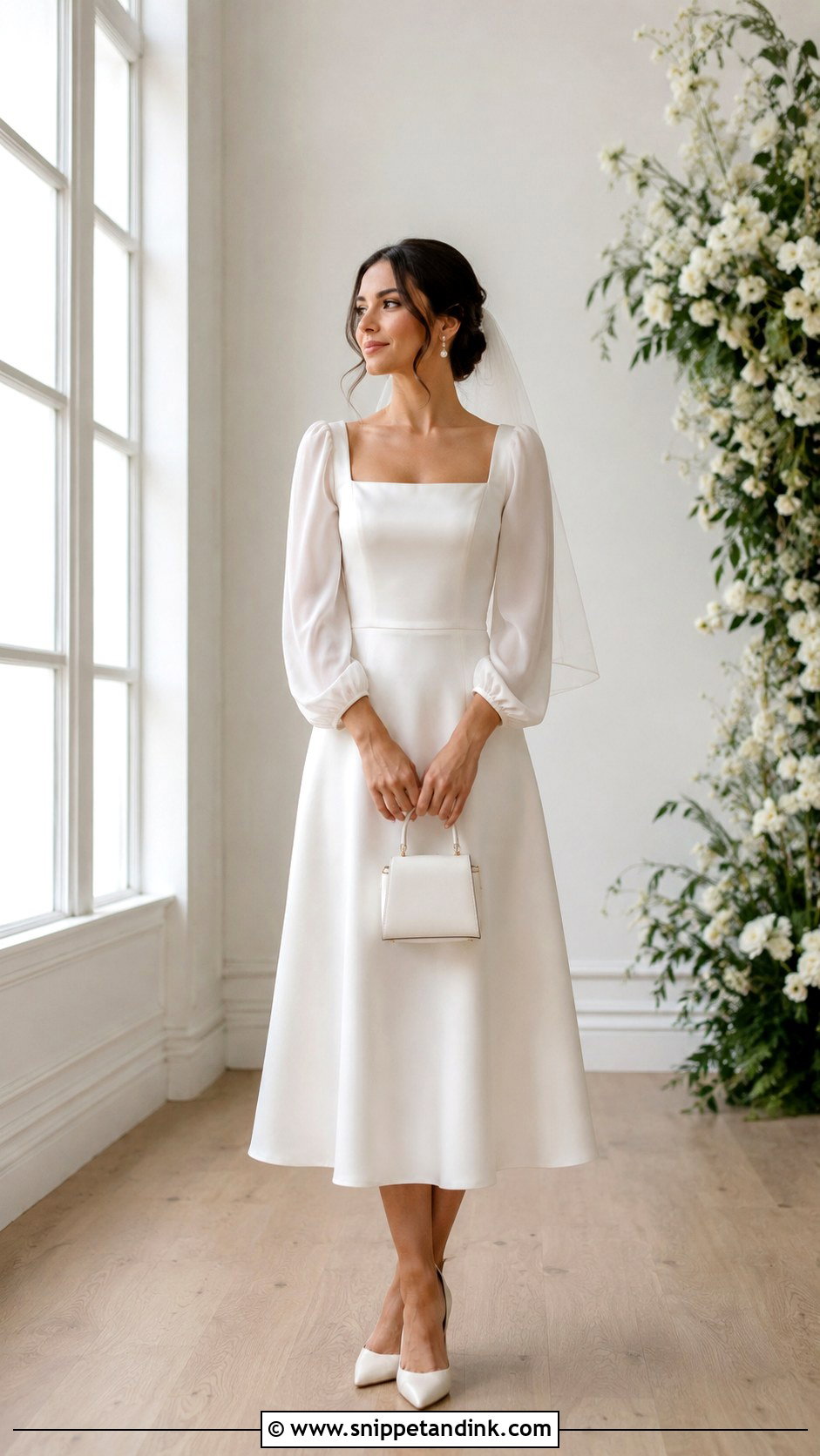 Square Neck Midi Wedding Dress With Bishop Sleeves - Snippet and Ink - 20 Midi Wedding Dress with Sleeves