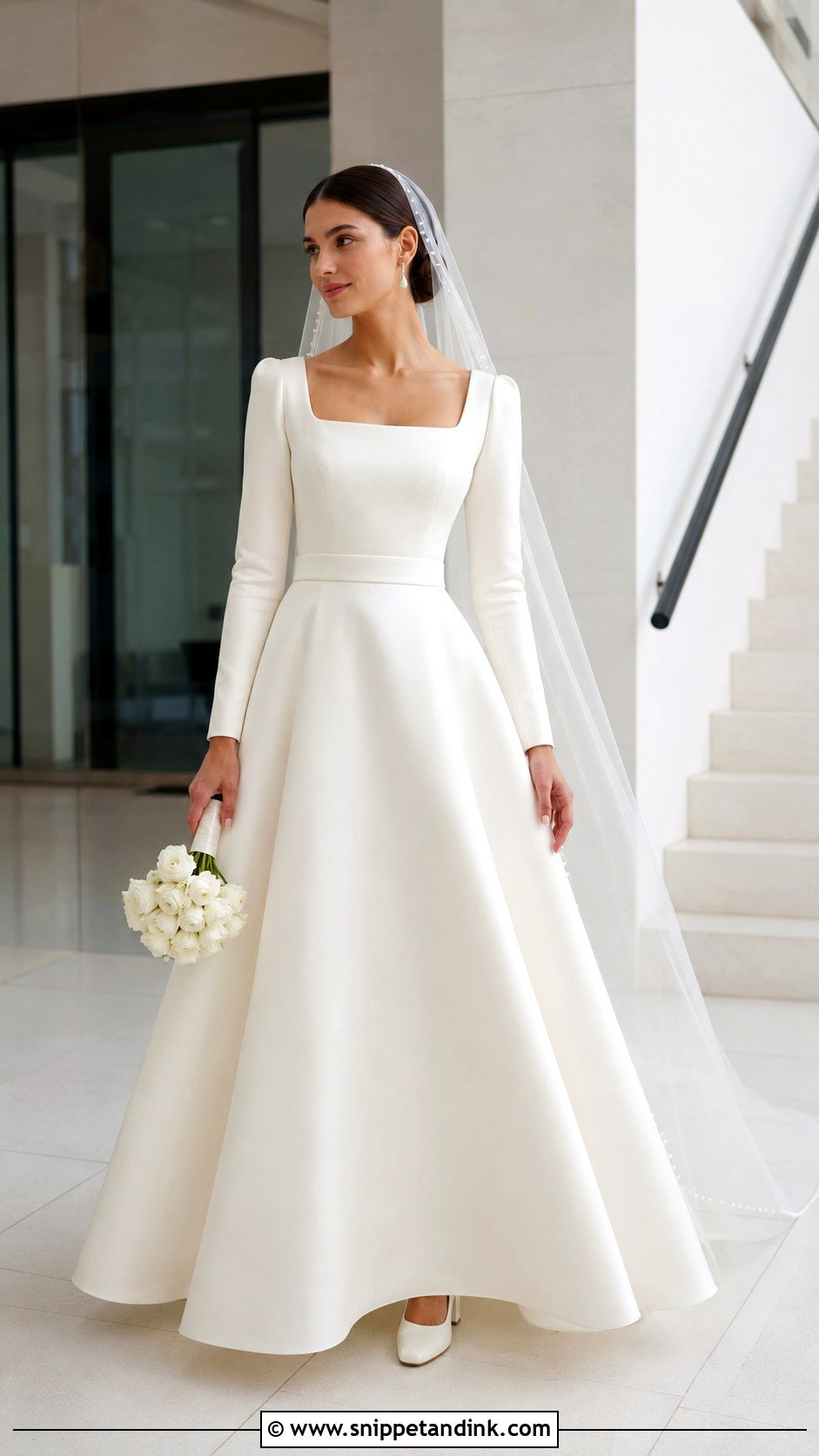 Square Neck Mikado A Line Wedding Dress - Snippet and Ink - 20 Modest Long Sleeve Wedding Dresses