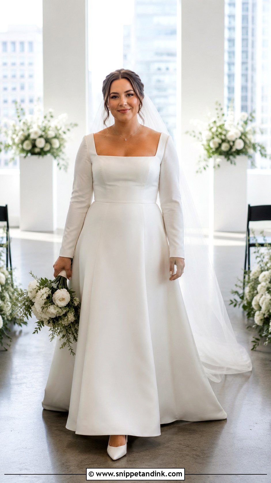 Square Neck Minimal Long Sleeve Wedding Dress - Snippet and Ink - 20 Minimal Wedding Dress Long Sleeve Ideas