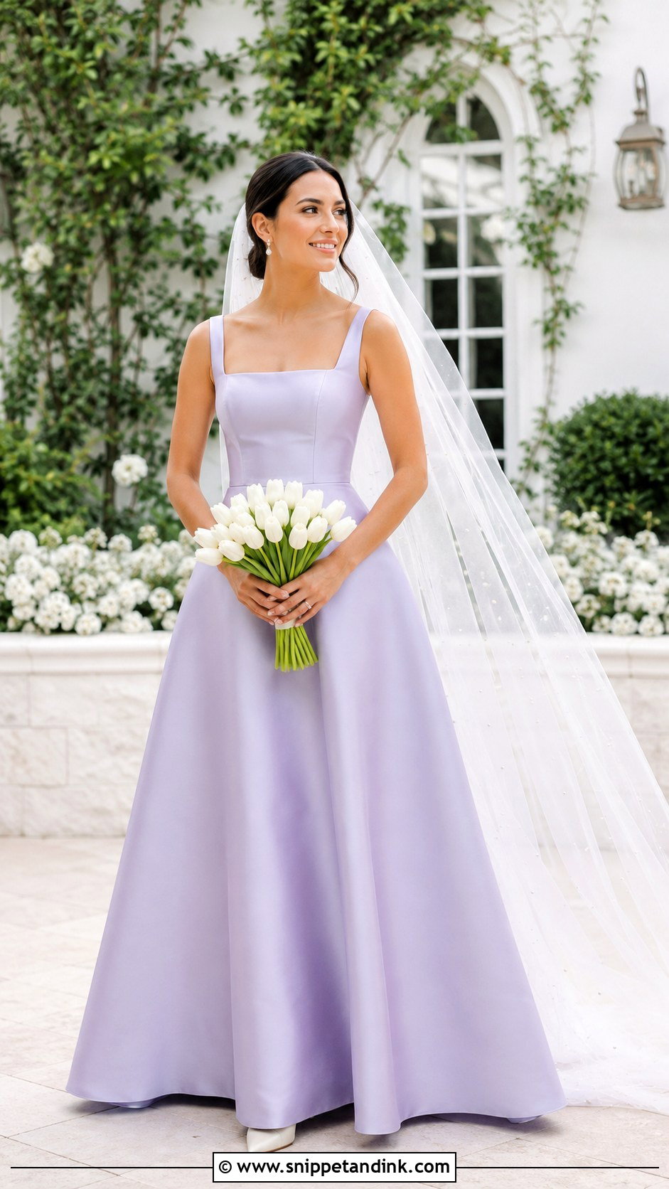 Square Neck Purple Wedding Dress With Pearl Veil - Snippet and Ink - 20 Purple Wedding Dress the Bride Ideas