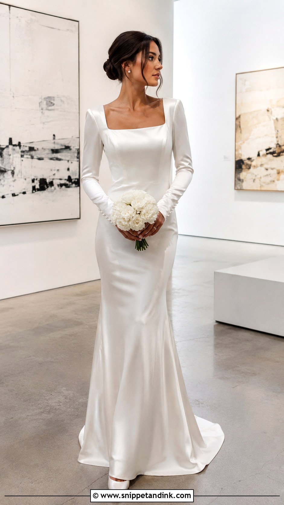 Square Neck Satin Long Sleeve Elopement Dress - Snippet and Ink - 20 Long Sleeve Elopement Dress Ideas