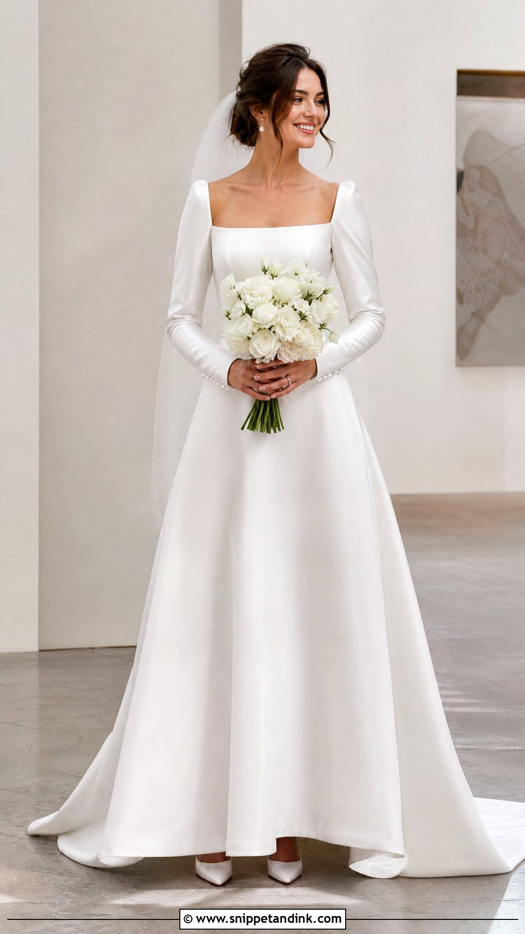 Square Neck Satin Long Sleeve Wedding Dress - Snippet and Ink - 20 Bride Dress Long Sleeve Ideas