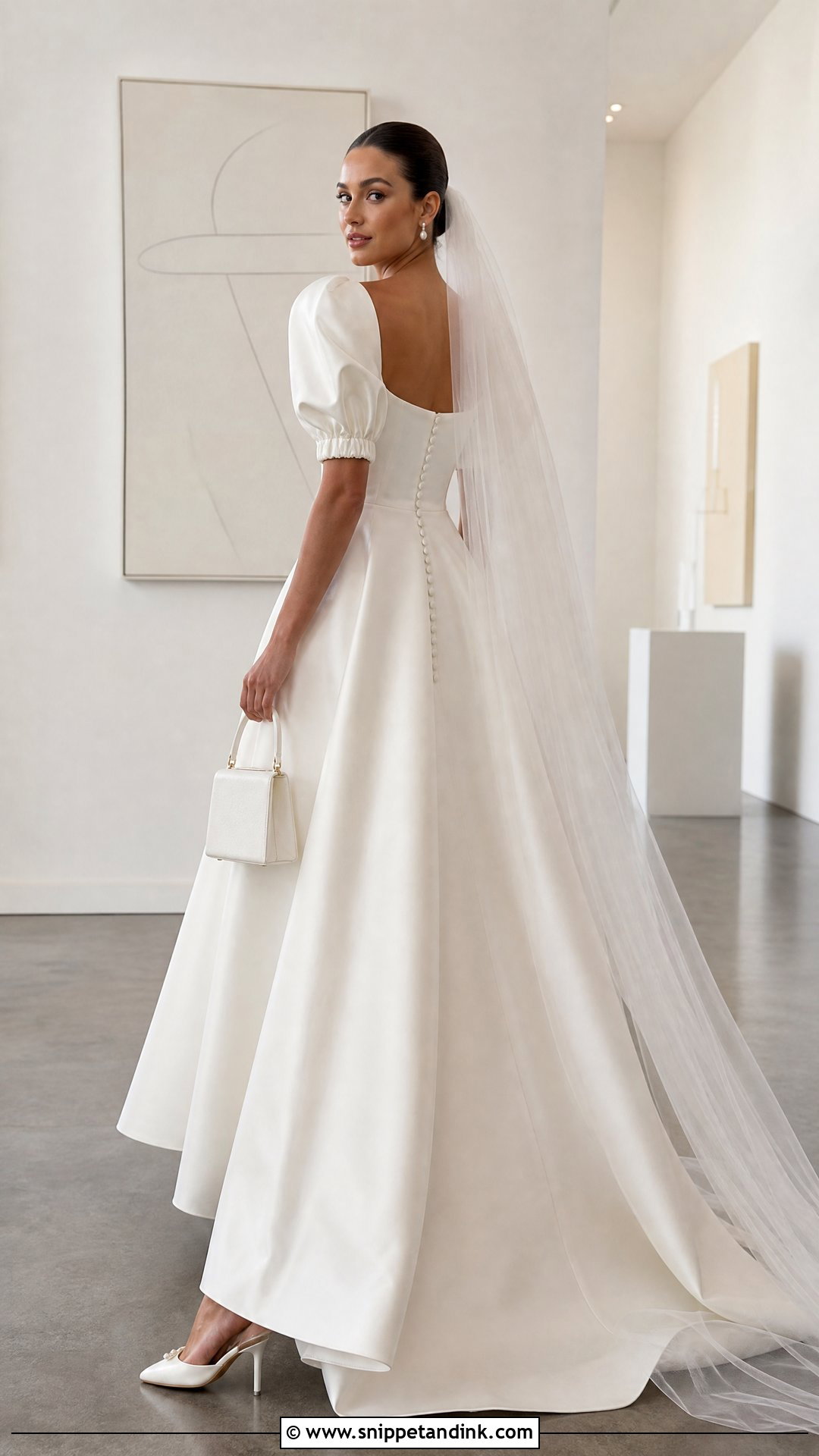 Square Neck Satin Puff Sleeve Wedding Dress - Snippet and Ink - 20 Vintage Puff Sleeve Wedding Dress Ideas