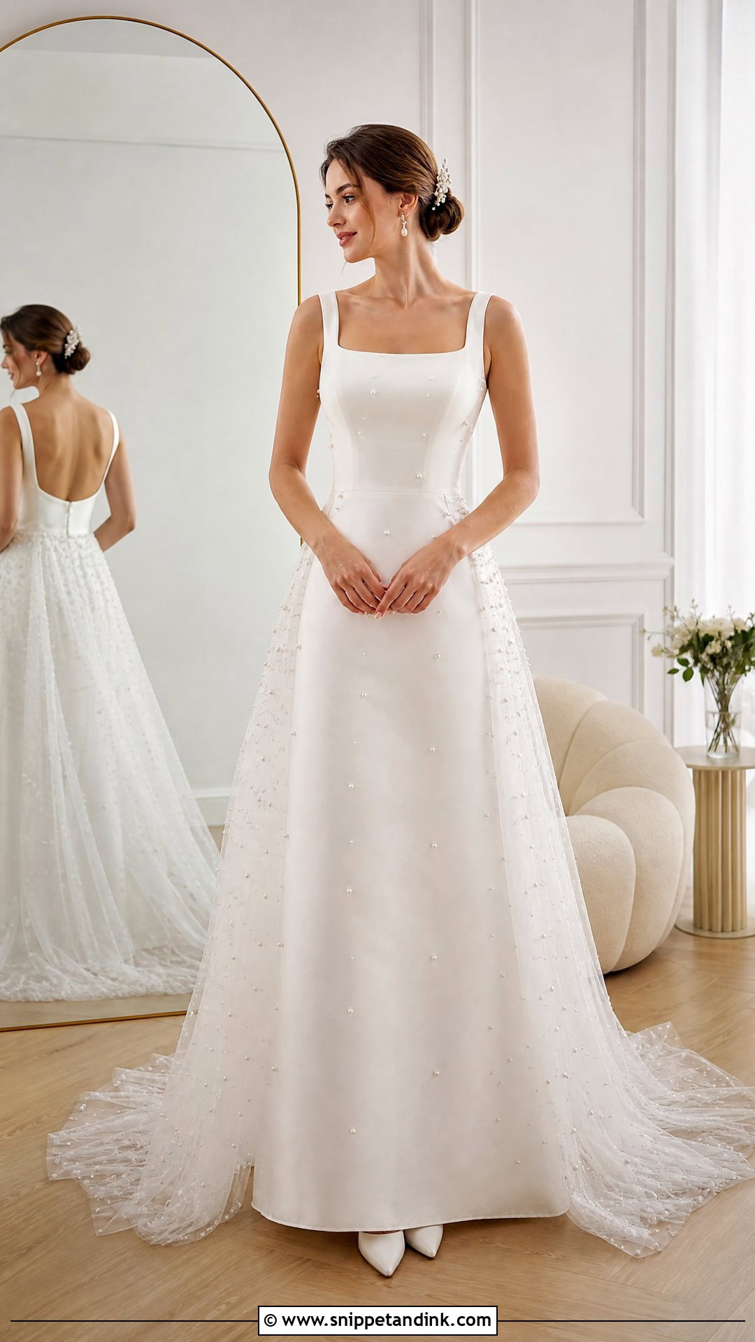 Square Neck Satin Wedding Dress With Detachable Pearl Train - Snippet and Ink - 20 Wedding Dress with Detachable Train Ideas