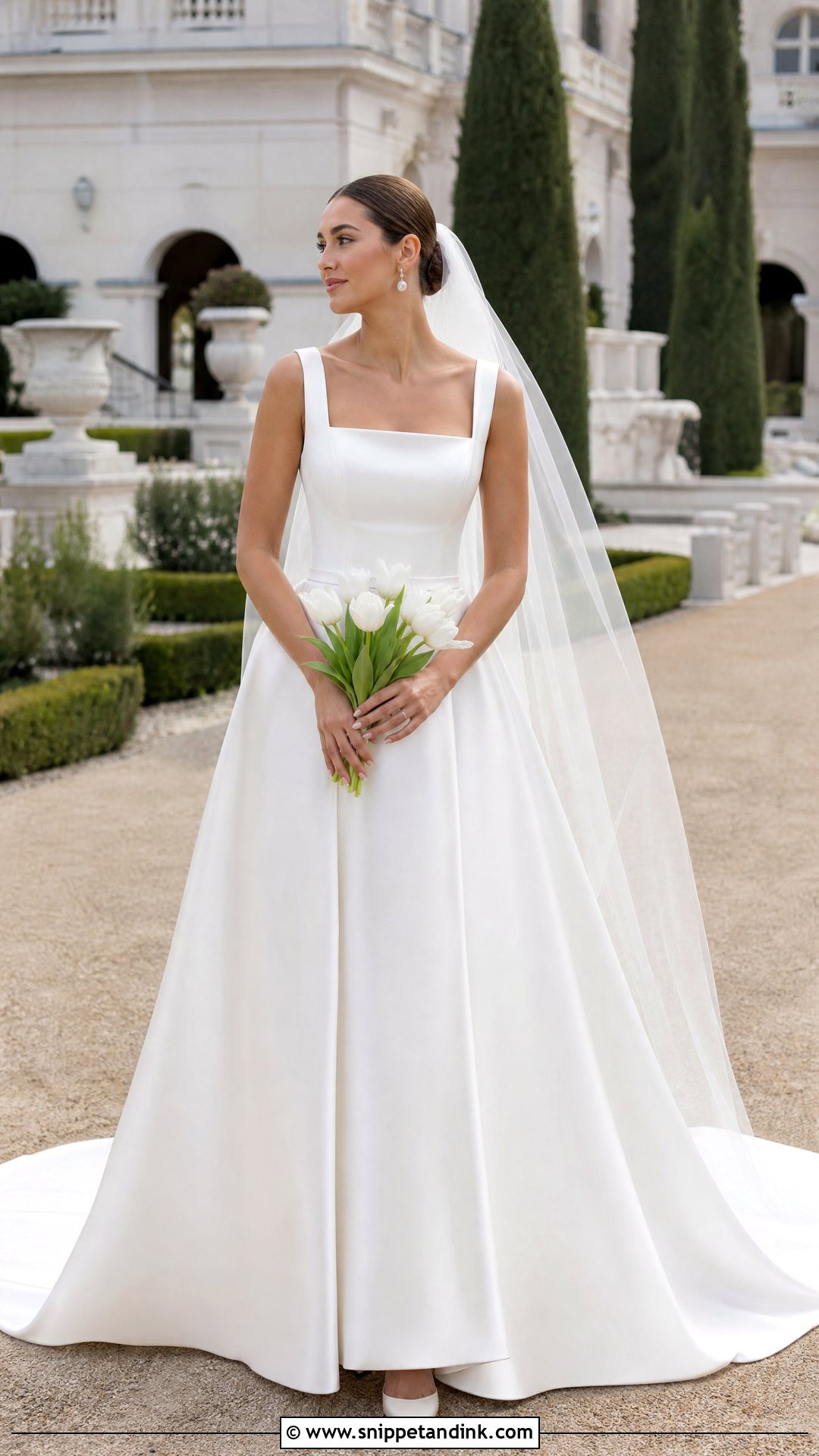 Square Neck Satin Wedding Dress With Low Bun - Snippet and Ink - 20 Simple Traditional Wedding Dress Ideas
