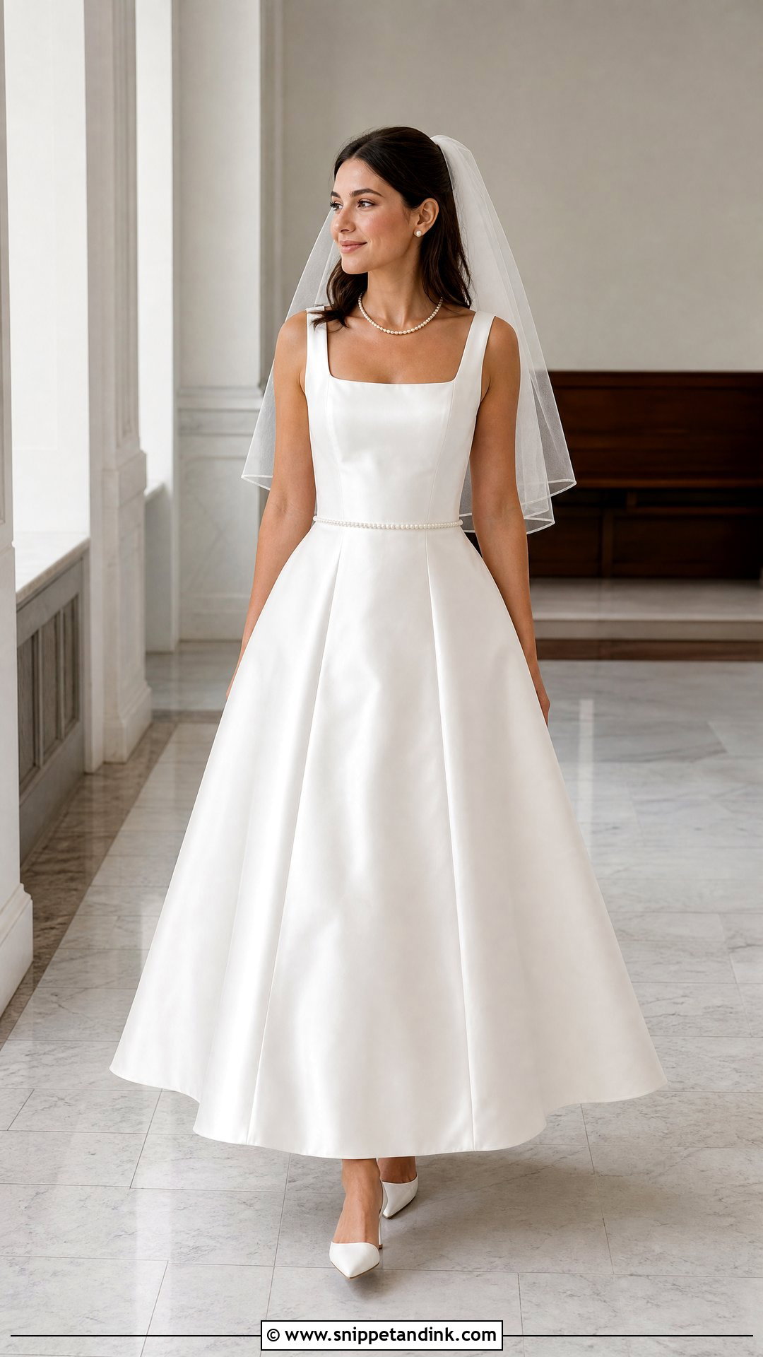 Square Neck Satin Wedding Dress With Pearl Waist - Snippet and Ink - 20 Satin and Pearl Wedding Dress Ideas