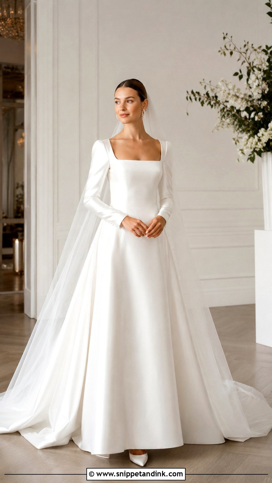 Square Neck Satin Wedding Dress With Sleeves - Snippet and Ink - 25 Satin Wedding Dress with Sleeves