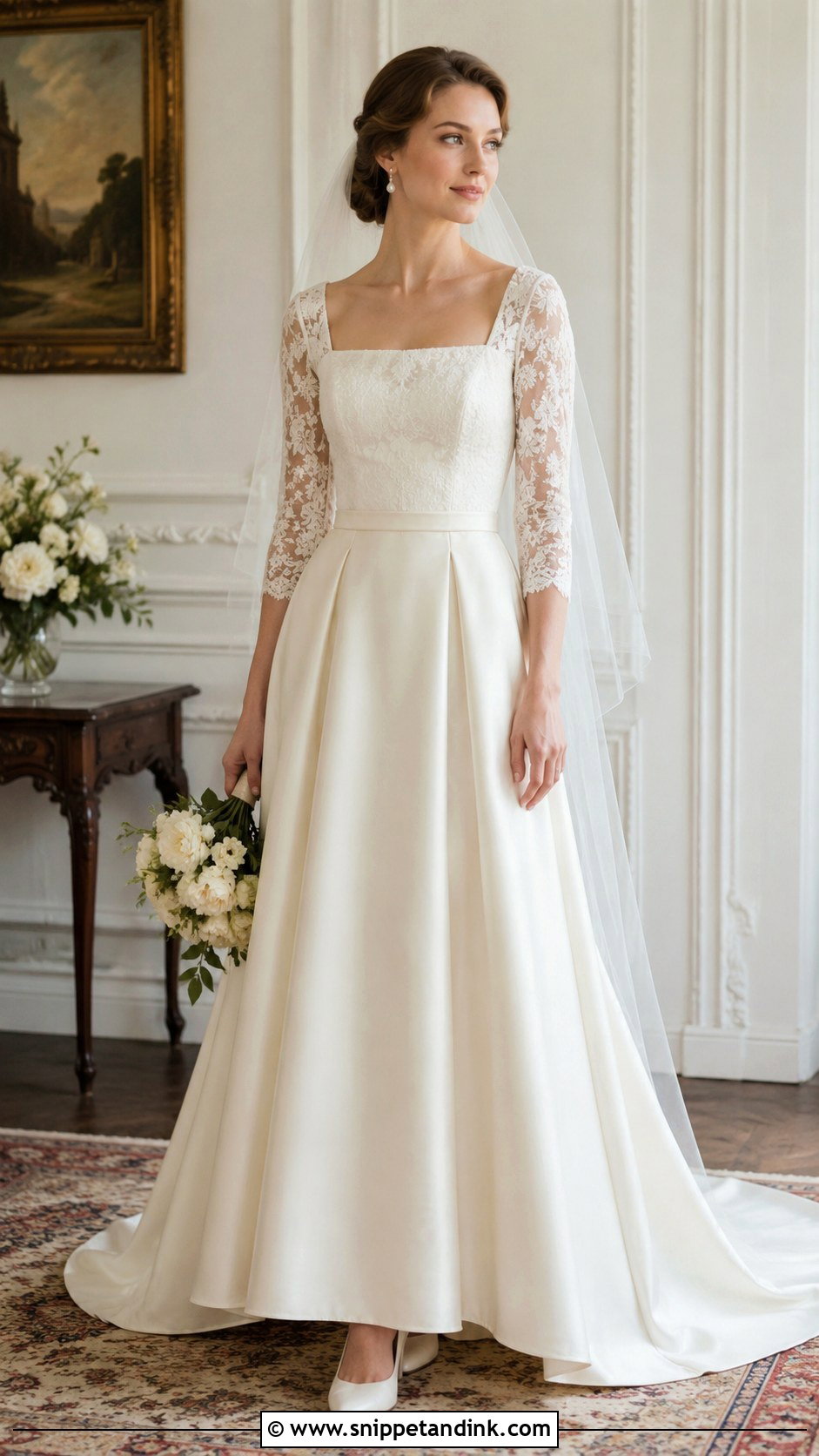 Square Neck Three Quarter Sleeve Wedding Dress - Snippet and Ink - 25 Square Neck Wedding Dress with Sleeves