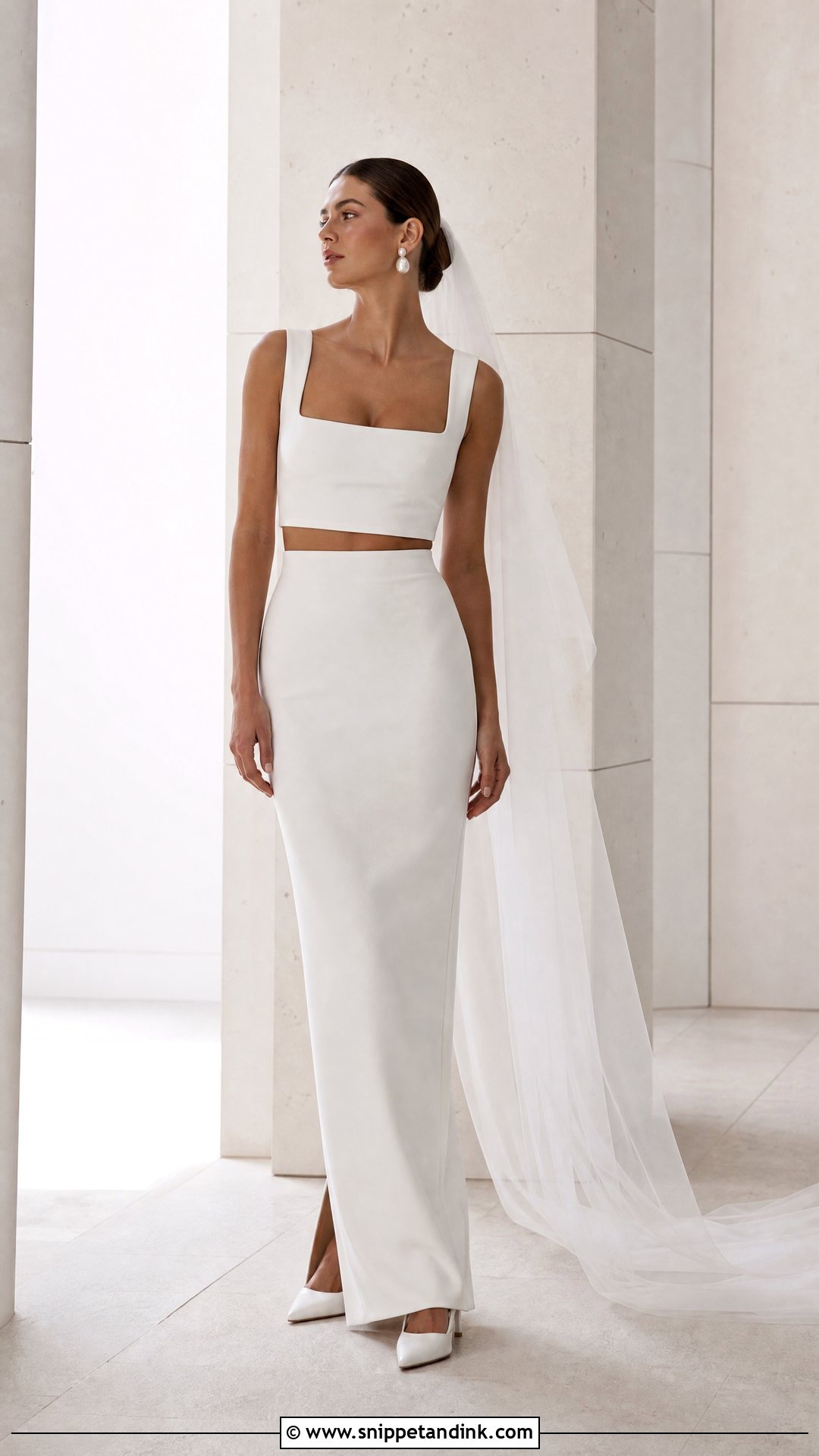 Square Neck Top And Column Skirt Two Piece Wedding Dress - Snippet and Ink - 20 Wedding Two Piece Dress Ideas