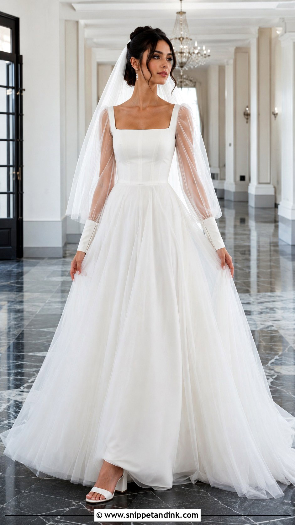 Square Neck Tulle Long Sleeve Wedding Dress - Snippet and Ink - 20 Long Sleeve Flowy Wedding Dress Ideas