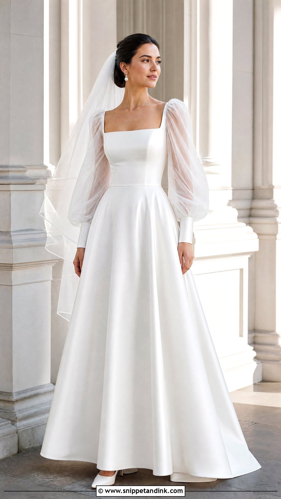 Square Neck Tulle Sleeve Wedding Dress - Snippet and Ink - 20 Tulle Sleeve Wedding Dress Ideas