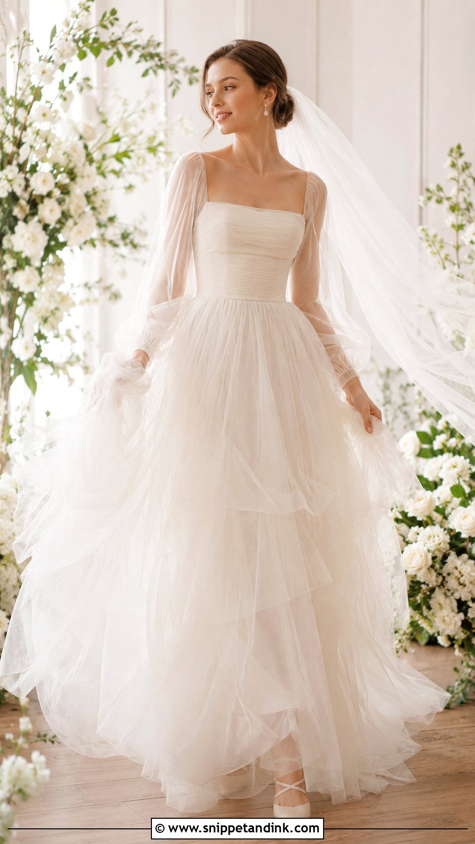 Square Neck Tulle Wedding Dress With Sleeves - Snippet and Ink - 25 Square Neck Wedding Dress with Sleeves