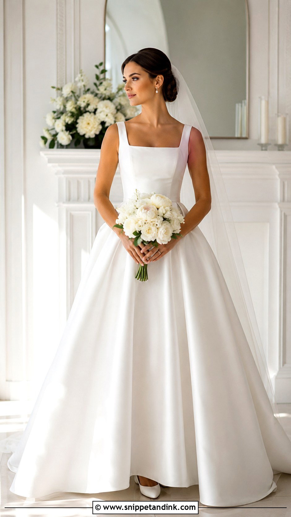 Square Neck Wedding Dress Ballgown With Simple Veil - Snippet and Ink - 25 Extravagant Wedding Dress Ballgown Ideas