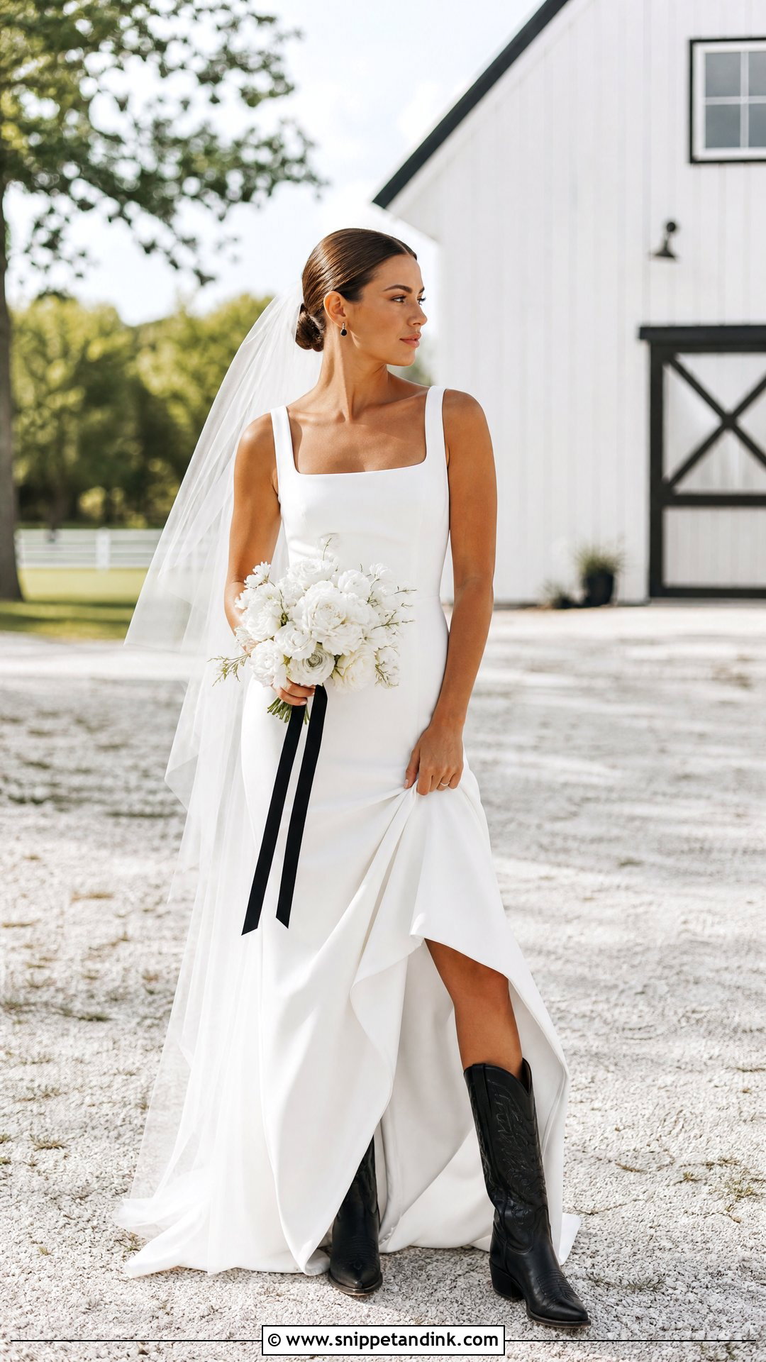 Square Neck Wedding Dress With Black Cowboy Boots - Snippet and Ink - 20 Wedding Dress and Cowboy Boots Ideas