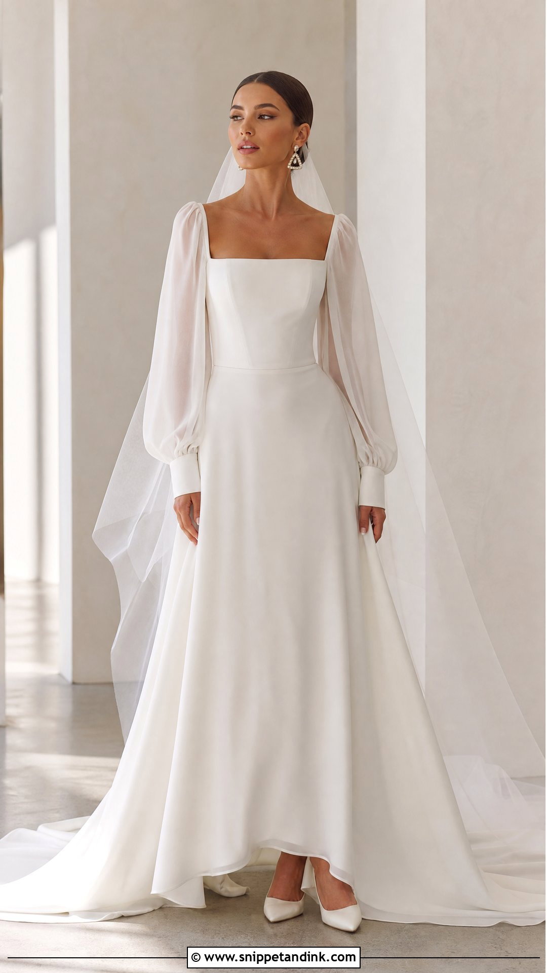Square Neck Wedding Dress With Blouson Sleeves - Snippet and Ink - 20 Wedding Dresses Flowy Sleeves