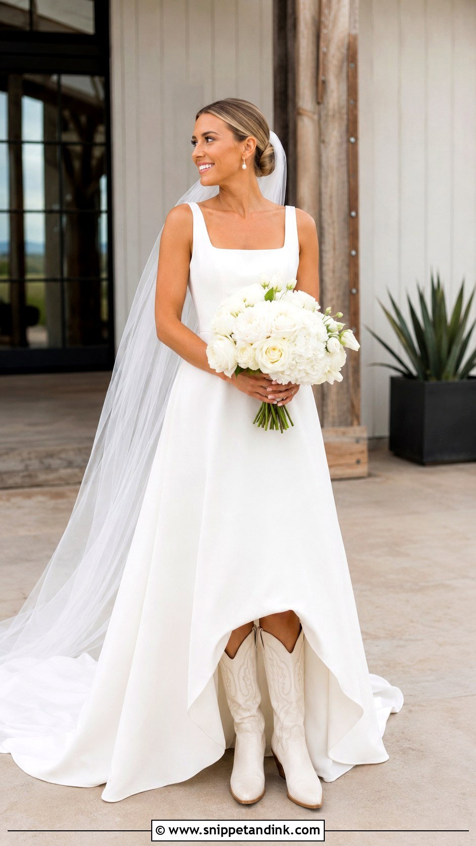 Square Neck Wedding Dress With Cowgirl Boots - Snippet and Ink - 20 Cowgirl Boots Wedding Dress Ideas