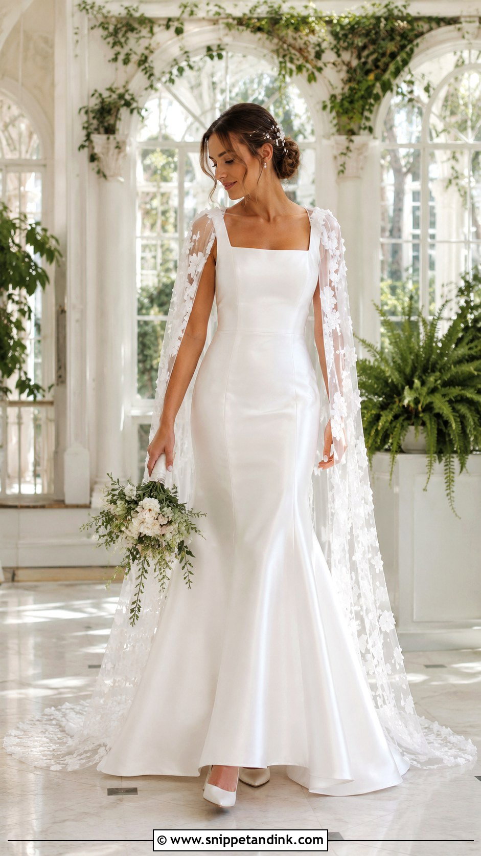 Square Neck Wedding Dress With Detachable Floral Cape - Snippet and Ink - 20 Detachable Cape Wedding Dress Ideas