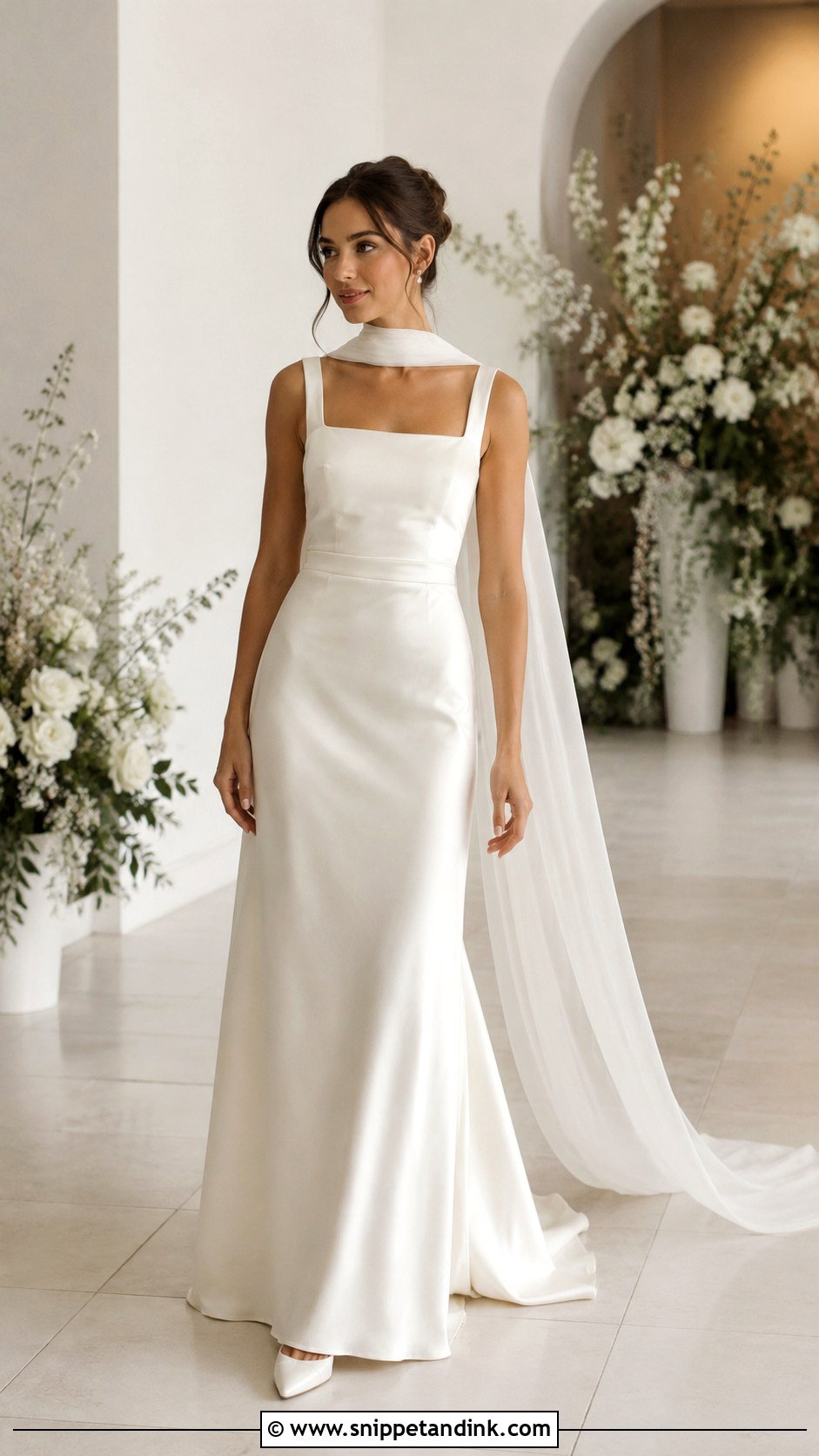 Square Neck Wedding Dress With Draped Scarf - Snippet and Ink - 30 Wedding Dress with Scarf Ideas
