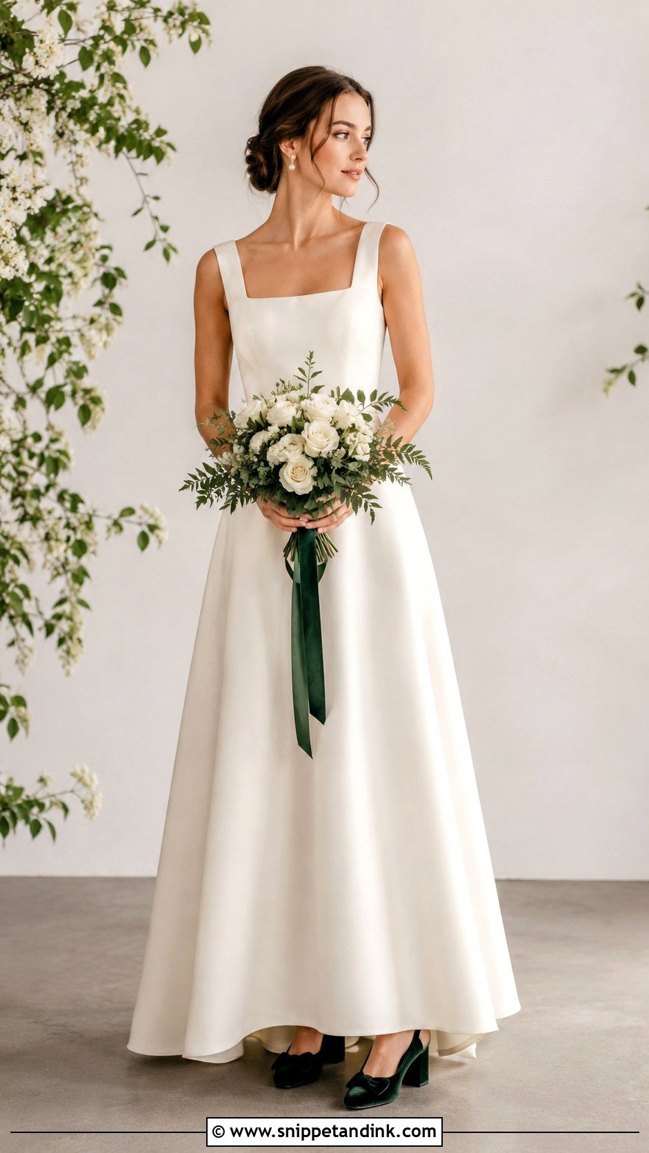 Square Neck Wedding Dress With Forest Green Shoes - Snippet and Ink - 25 Woodsy Wedding Dress Ideas
