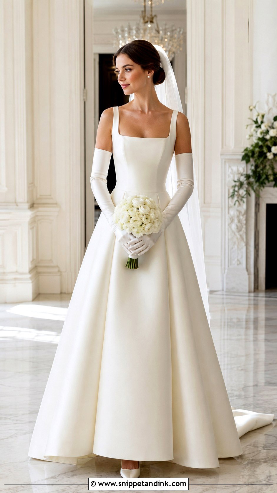 Square Neck Wedding Dress With Gloves - Snippet and Ink - 25 December Wedding Dress Ideas