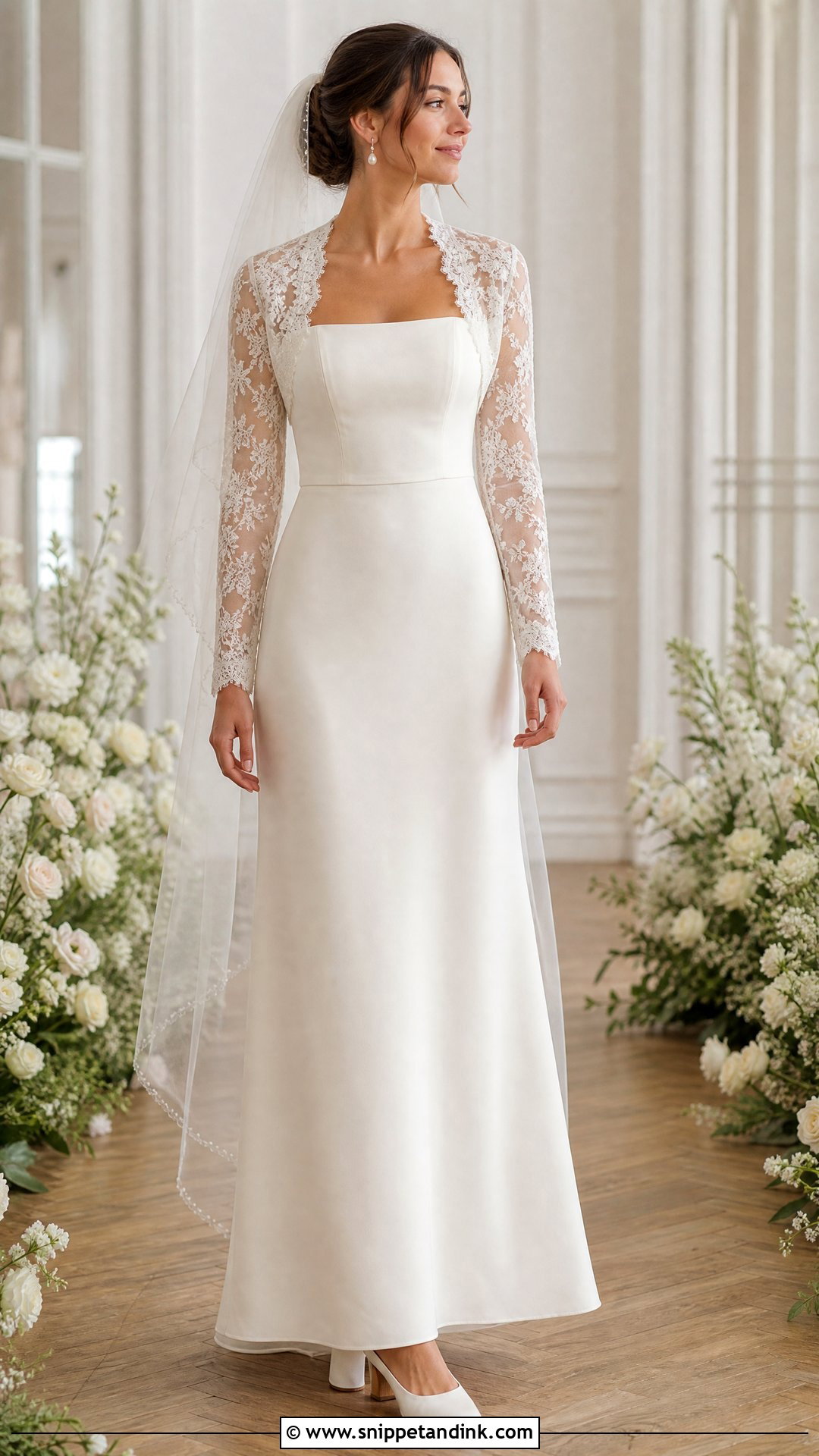 Square Neck Wedding Dress With Lace Bolero - Snippet and Ink - 20 Wedding Dress Combination Ideas